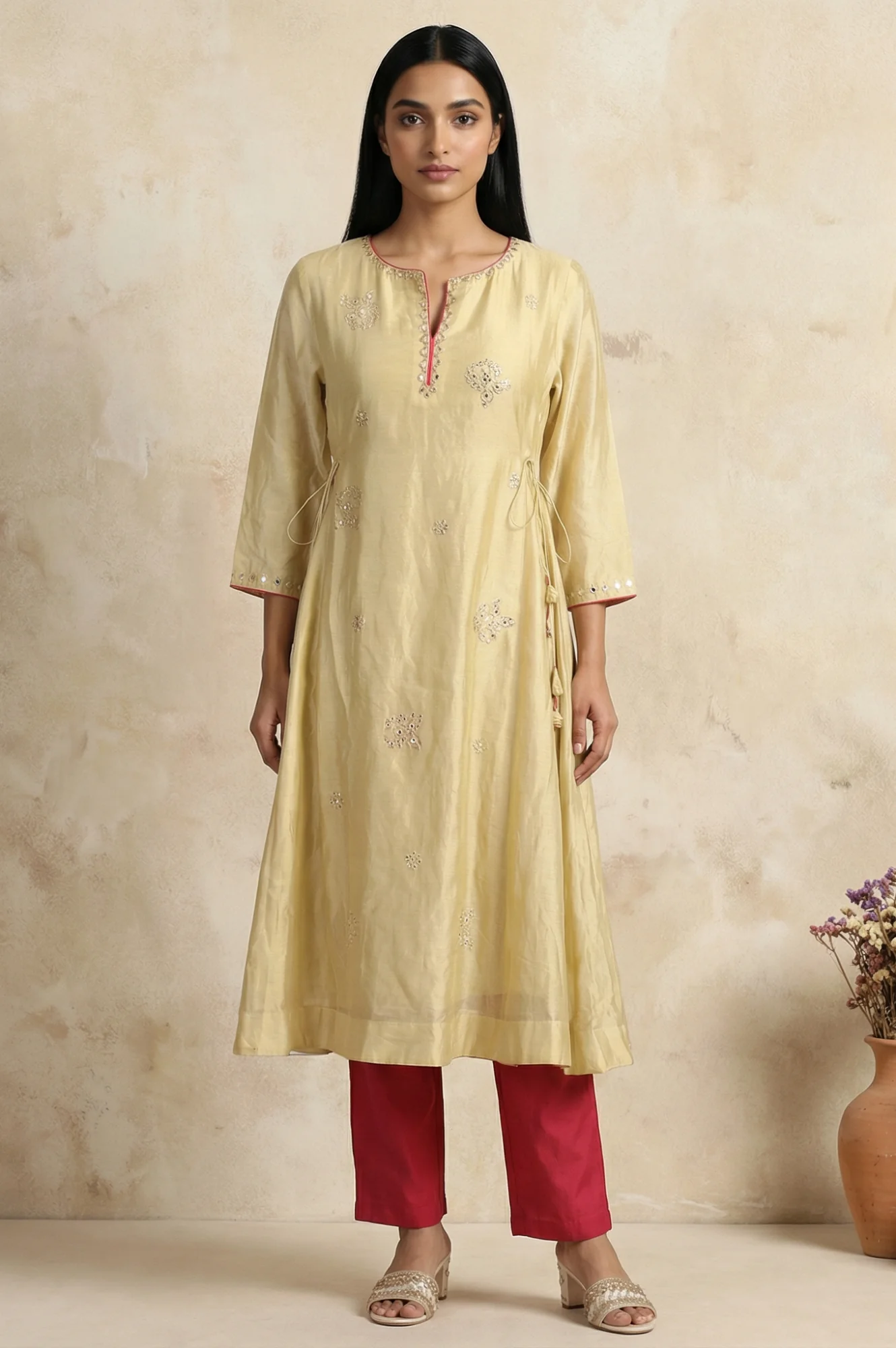 Gold Embroidered Mirror Work Cotton Blend A-line Kurta
