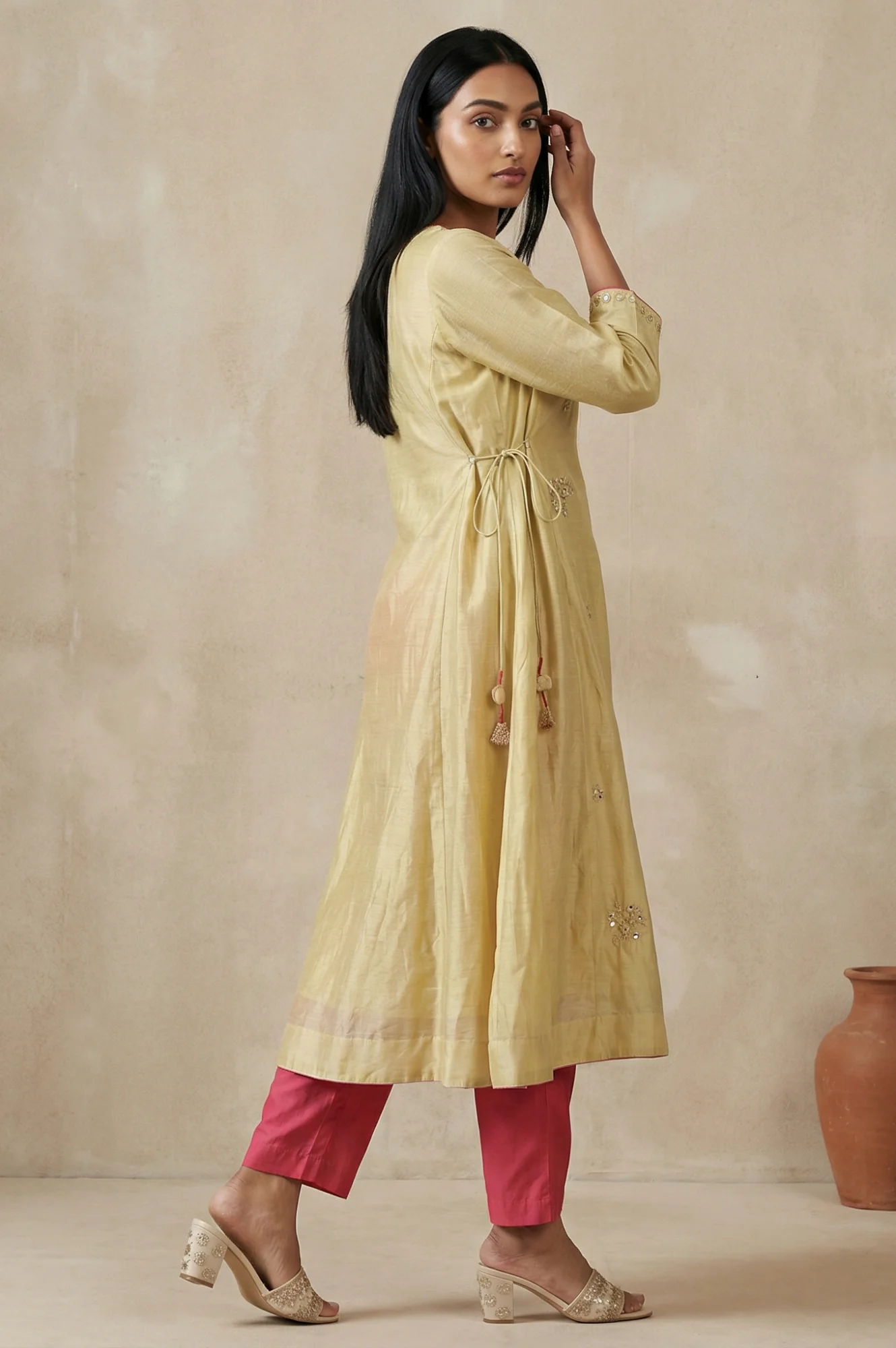 Gold Embroidered Mirror Work Cotton Blend A-line Kurta - Image 4