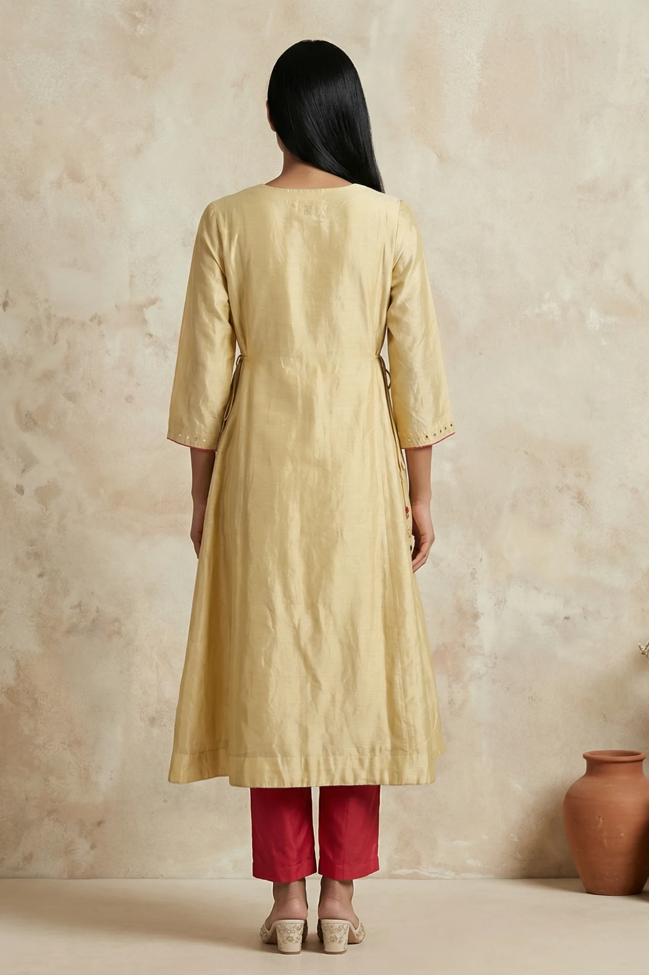 Gold Embroidered Mirror Work Cotton Blend A-line Kurta - Image 5
