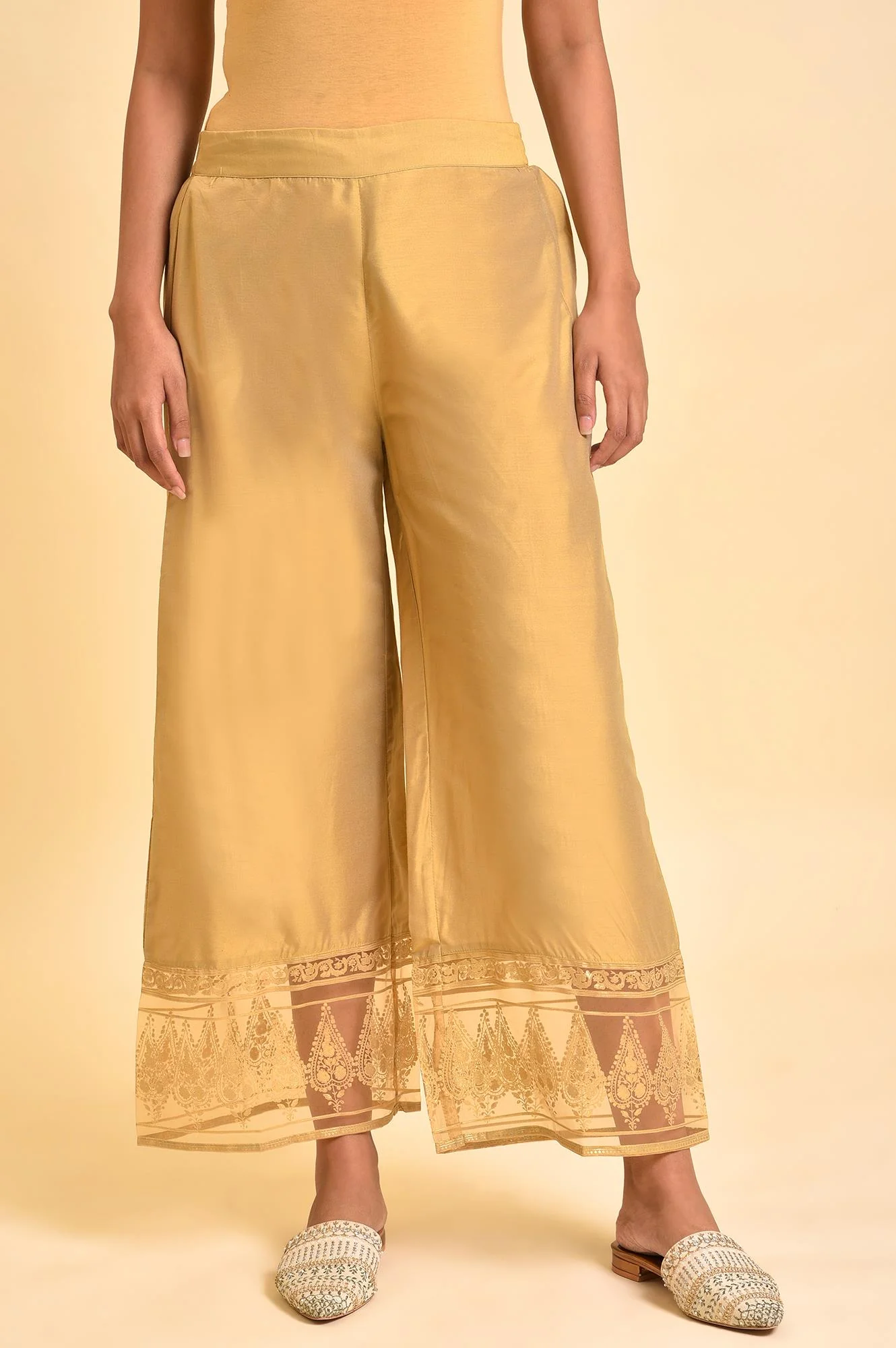 Gold Floral Brasso Wide Leg Parellel Pants