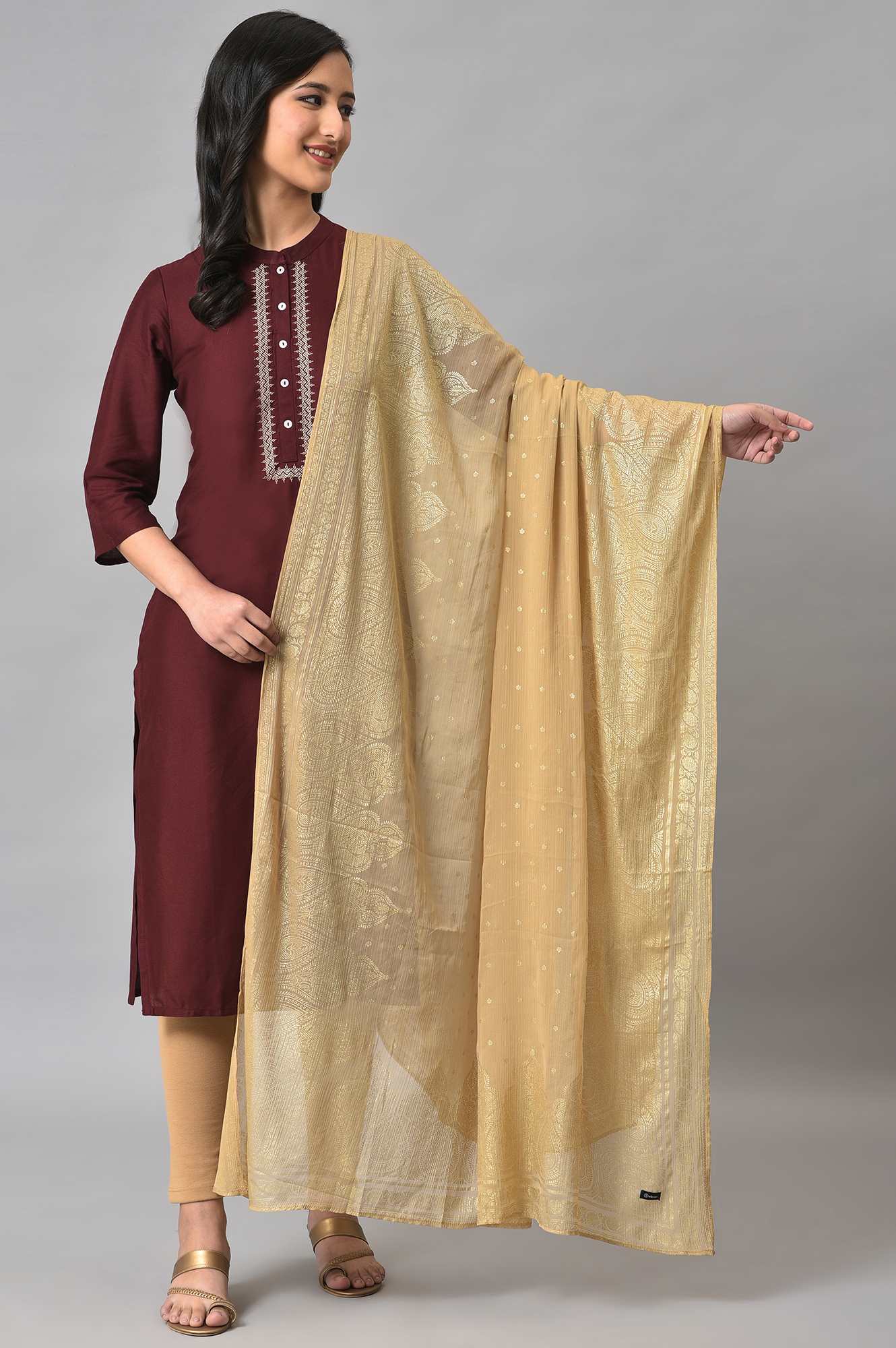 Elleven Women's Gold Silver Chiffon Printed Dupatta