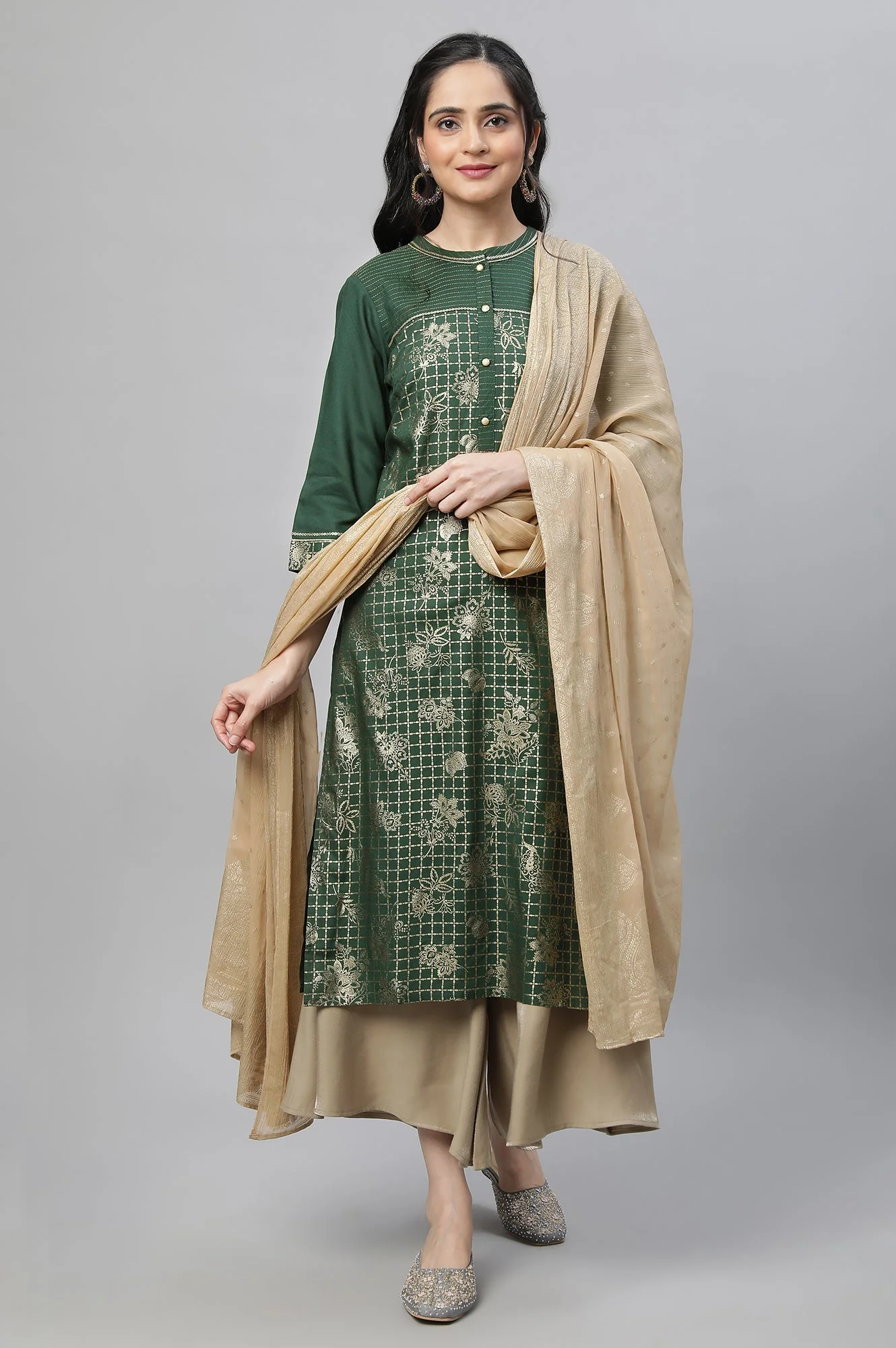Elleven Women's Gold Silver Chiffon Printed Dupatta - Image 2