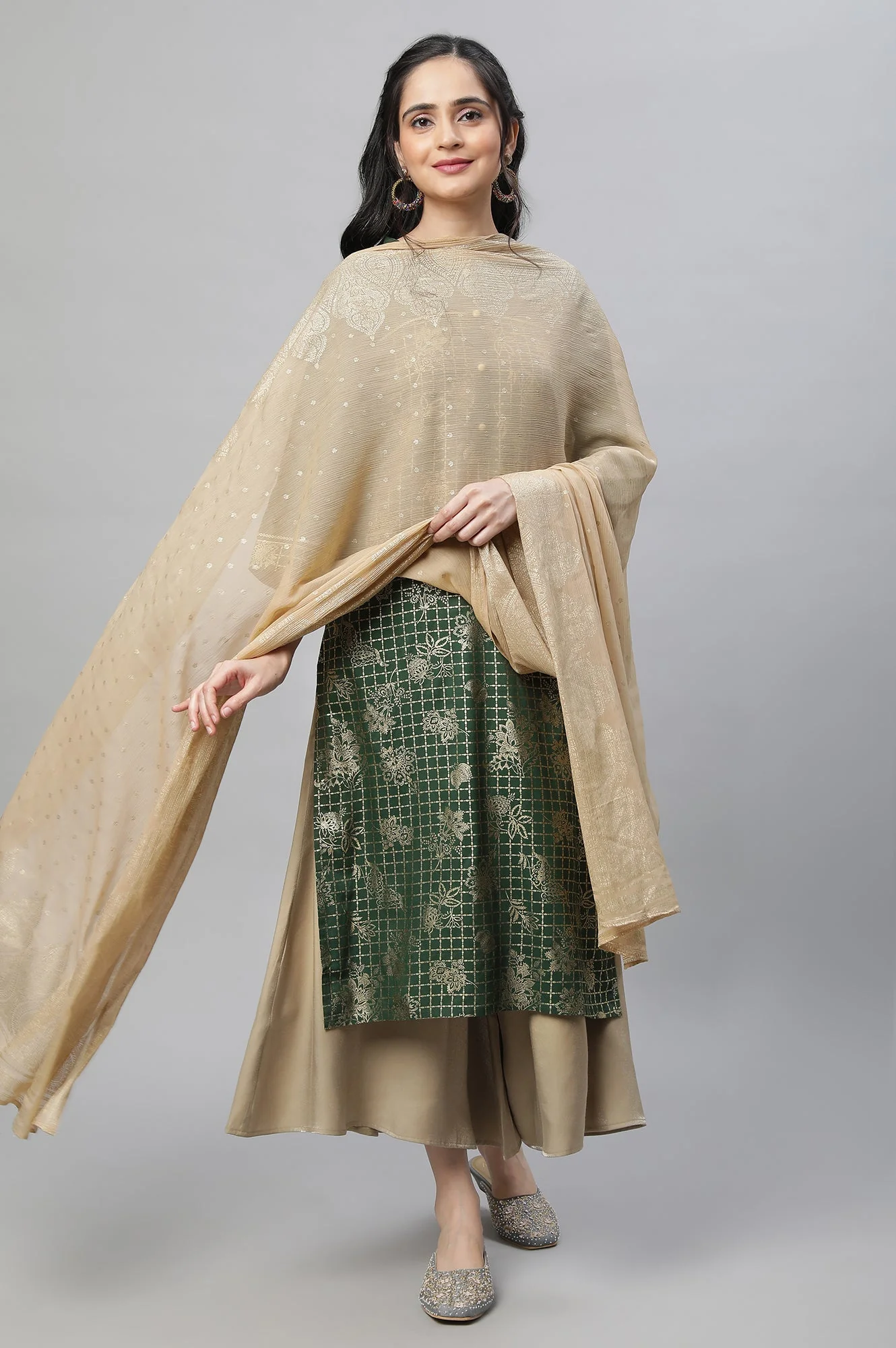 Elleven Women's Gold Silver Chiffon Printed Dupatta - Image 6