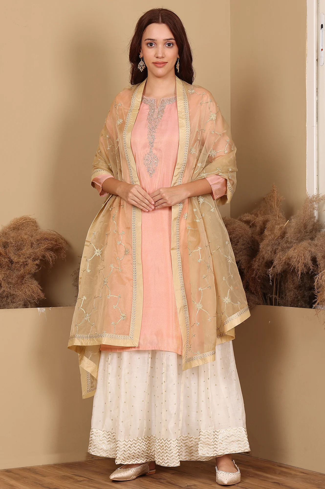 Gold Solid Embroidered Gota Rectangular Organza Dupatta - Image 2