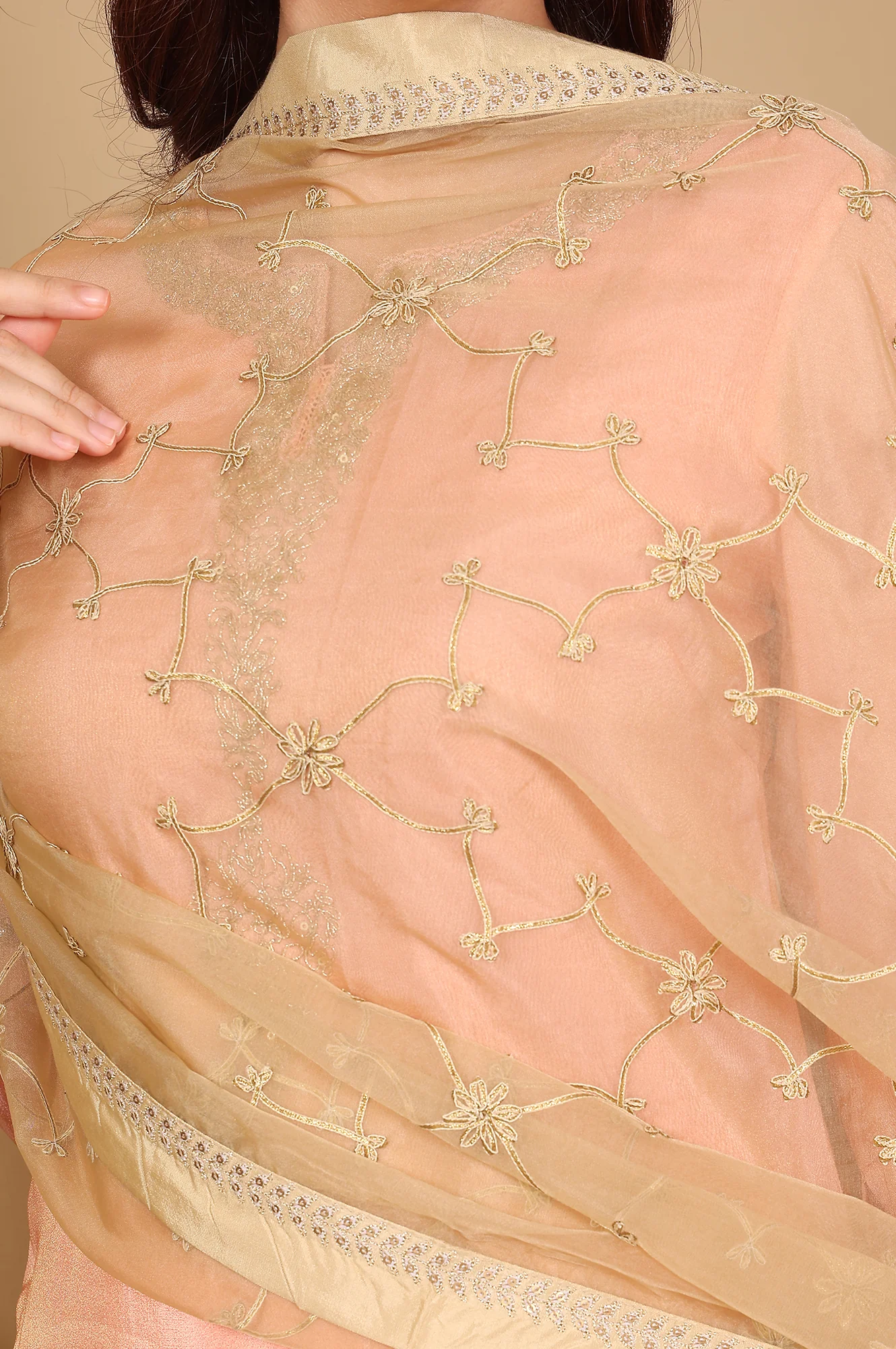 Gold Solid Embroidered Gota Rectangular Organza Dupatta - Image 4