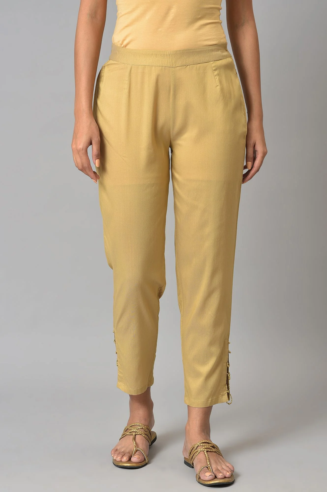 Gold Solid Pearl Detailing Straight Woven Slim Pant