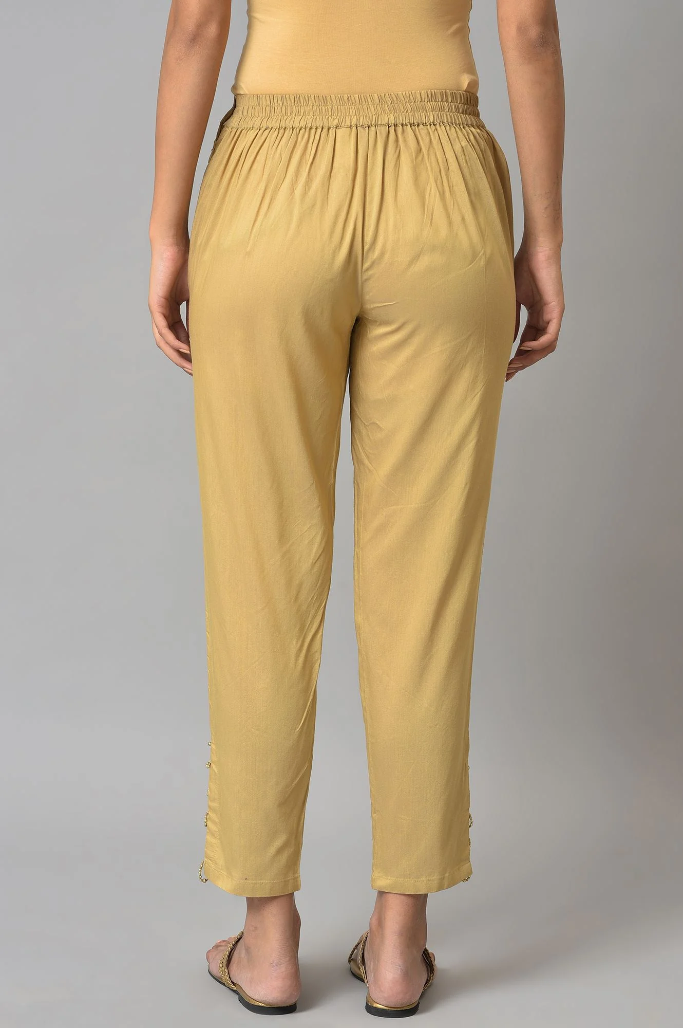 Gold Solid Pearl Detailing Straight Woven Slim Pant - Image 2