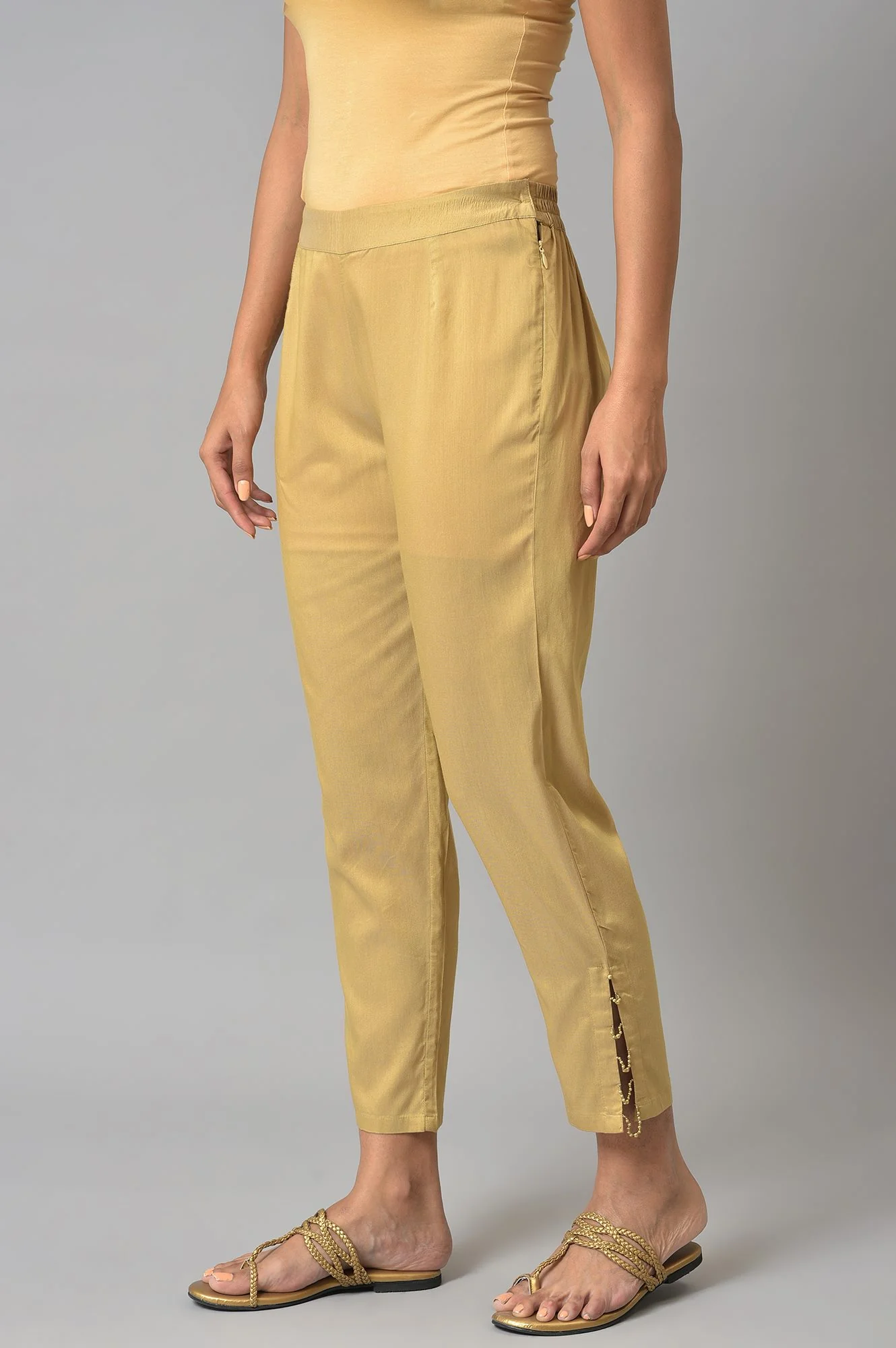 Gold Solid Pearl Detailing Straight Woven Slim Pant - Image 3