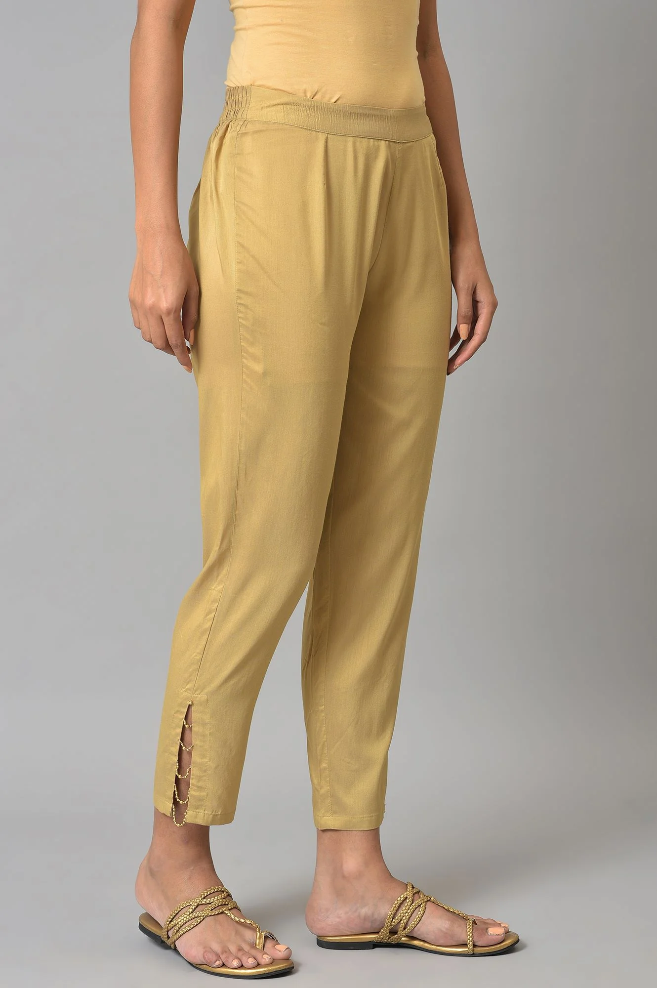 Gold Solid Pearl Detailing Straight Woven Slim Pant - Image 4