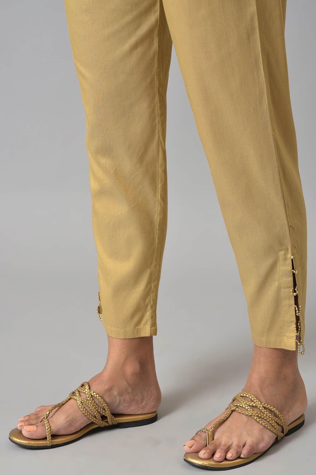 Gold Solid Pearl Detailing Straight Woven Slim Pant - Image 8