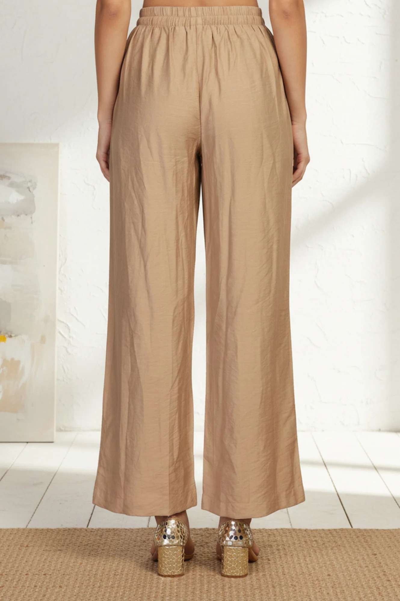 Gold Solid Rayon Relaxed Fit Mid Rise Flared Pants - Image 4