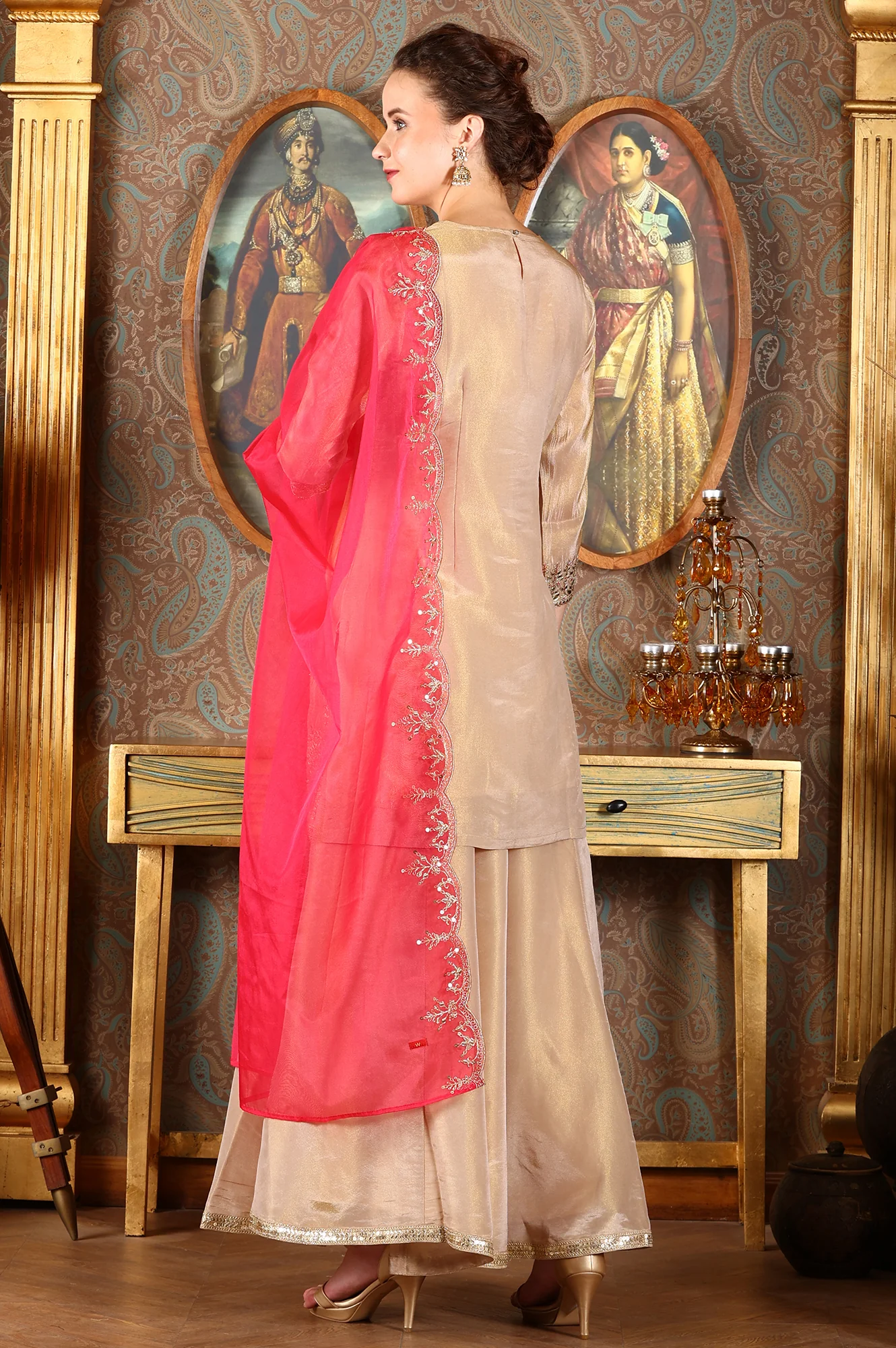 Gold Viscose Zari Embroidered Short Kurta, Flared Pants And Dupatta Set - Image 6