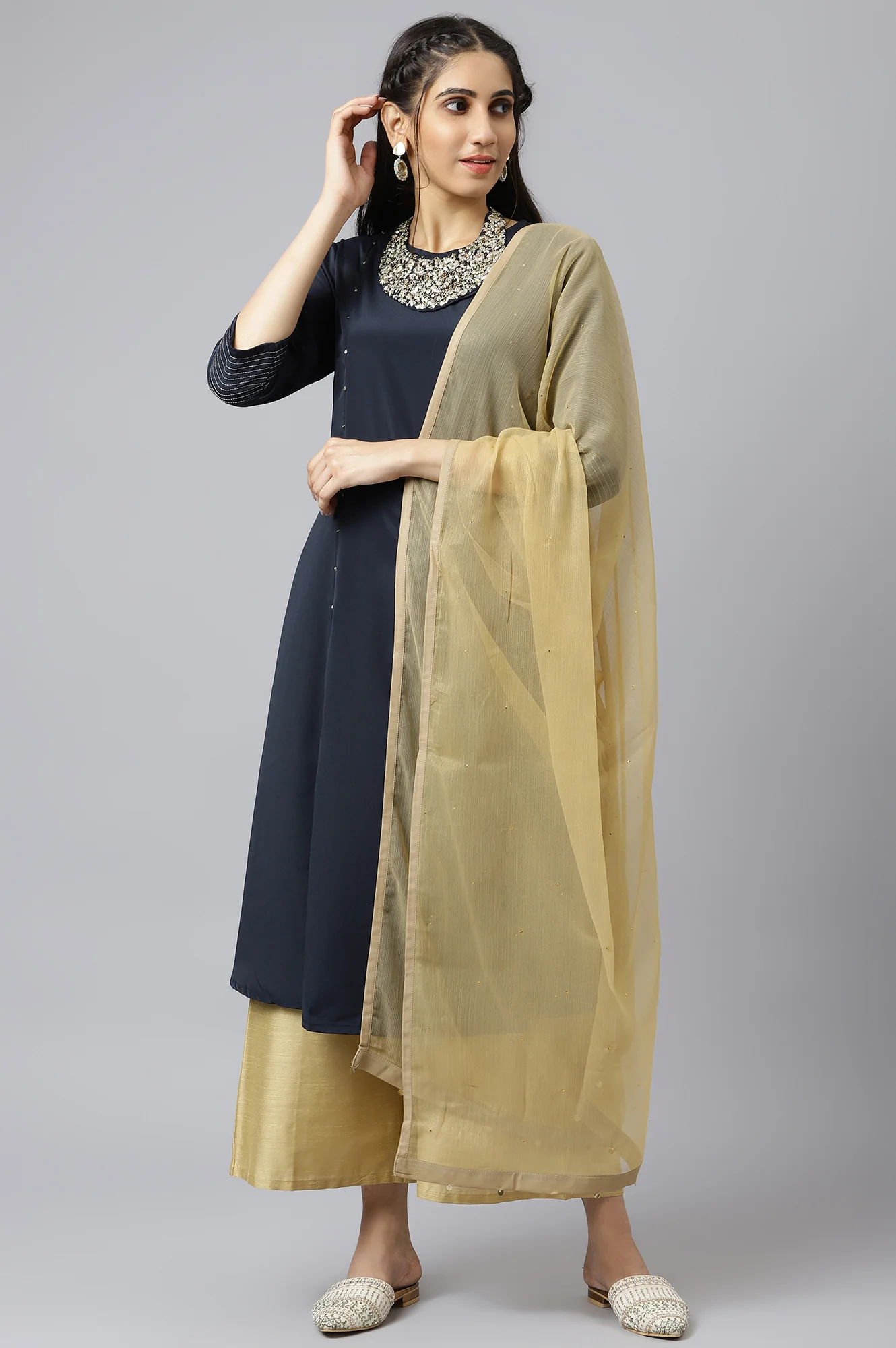 Golden Chiffon Dupatta with Sequin - Image 2
