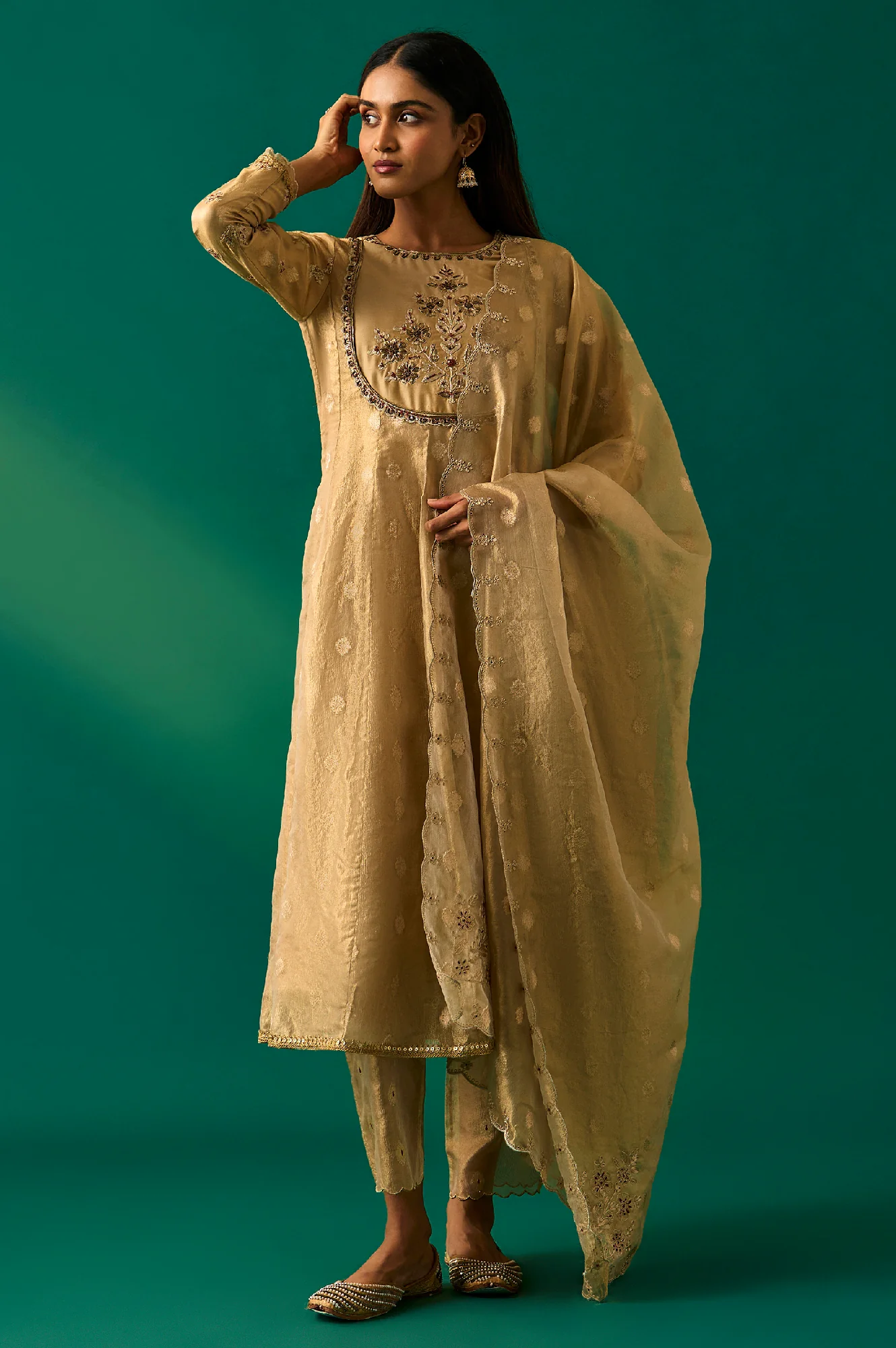 Golden Metallic Emroidered Tissue Jacquard Festive Anarkali Kurta, Pants and Dupatta Set - Image 2