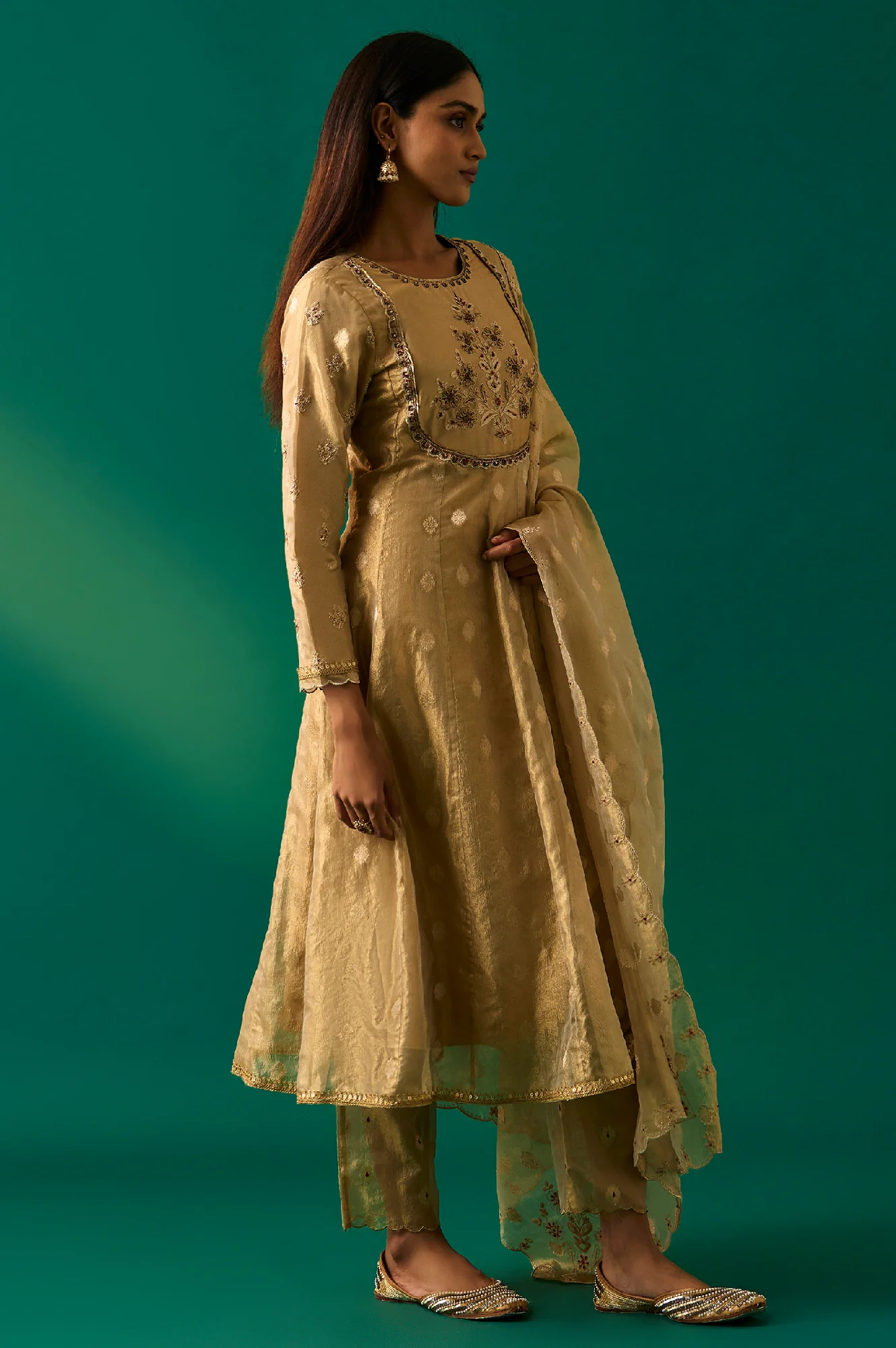 Golden Metallic Emroidered Tissue Jacquard Festive Anarkali Kurta, Pants and Dupatta Set - Image 3