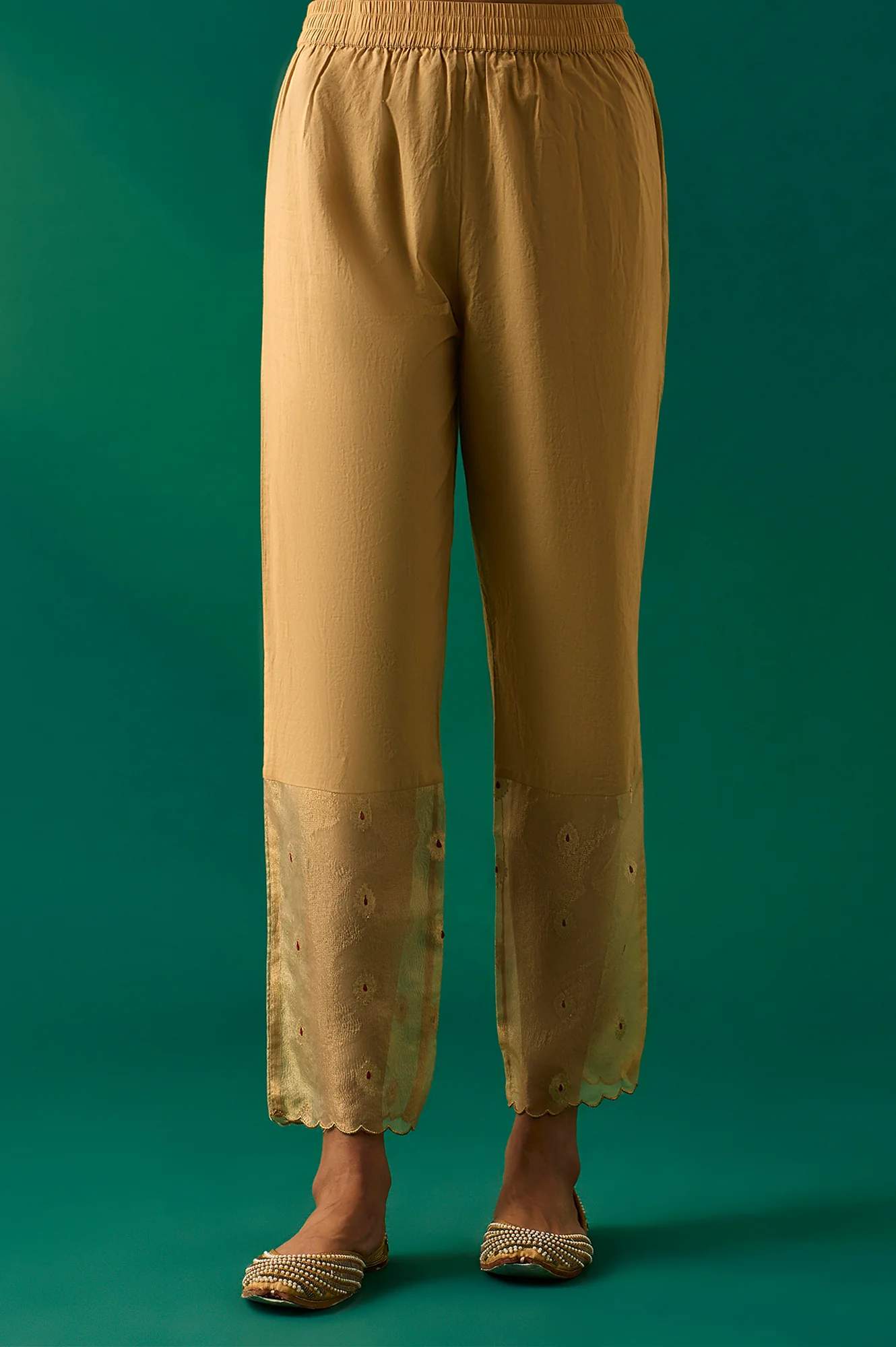 Golden Metallic Emroidered Tissue Jacquard Festive Anarkali Kurta, Pants and Dupatta Set - Image 7