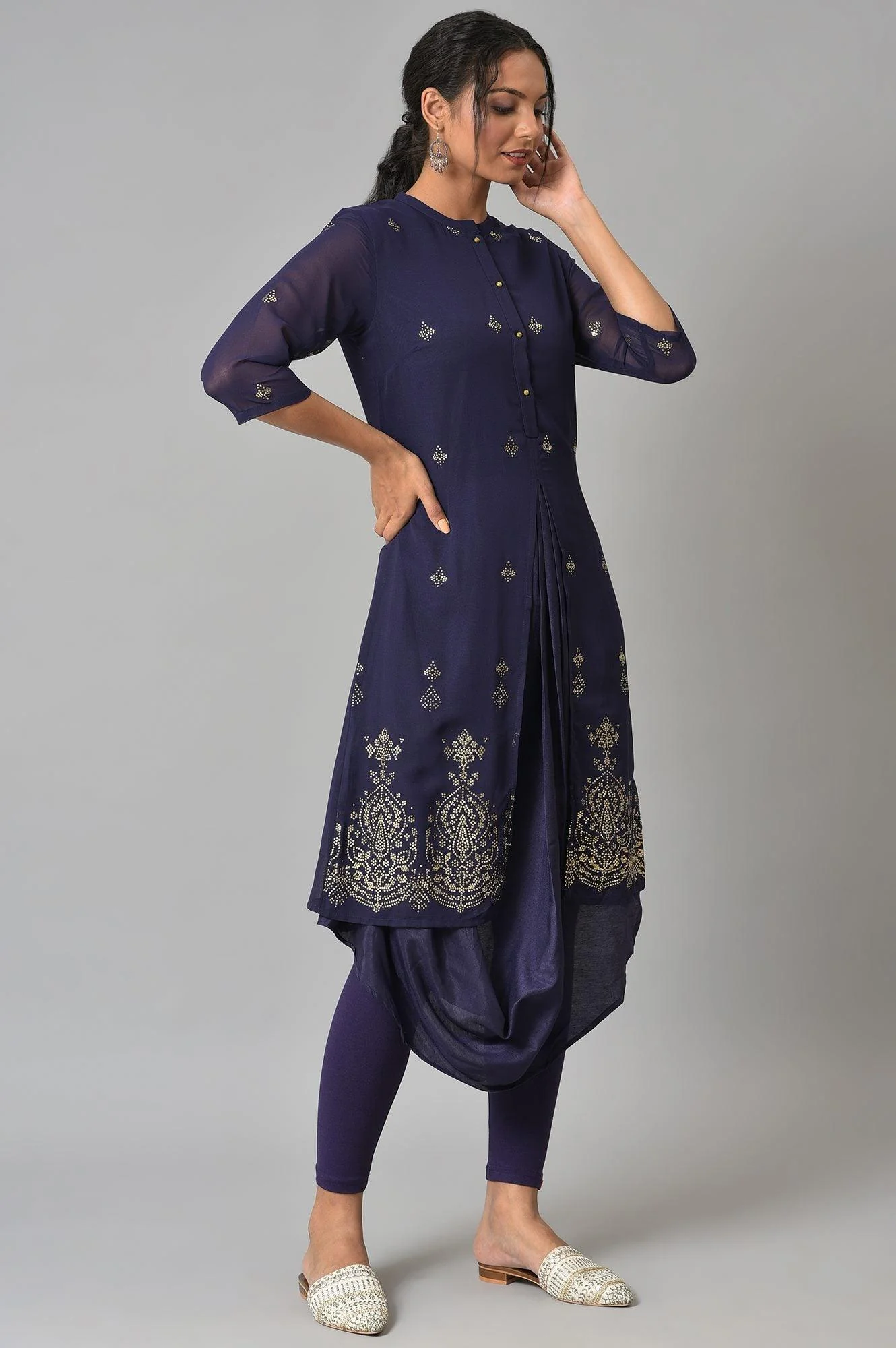 Grape Purple Cowled Hemline kurta With Tights - Image 4