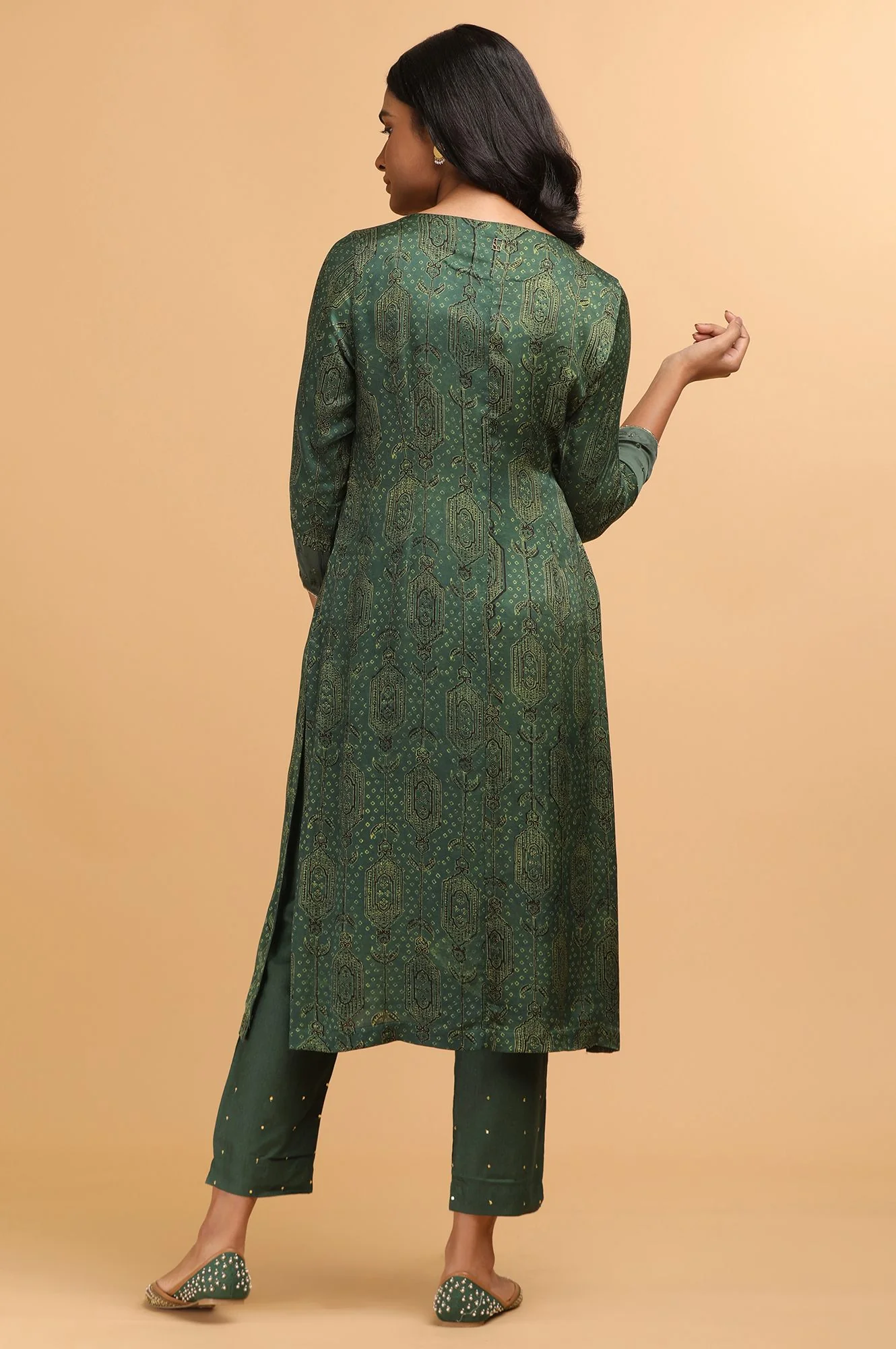 Green Ajrakh Print kurta in Modal Satin - Image 2