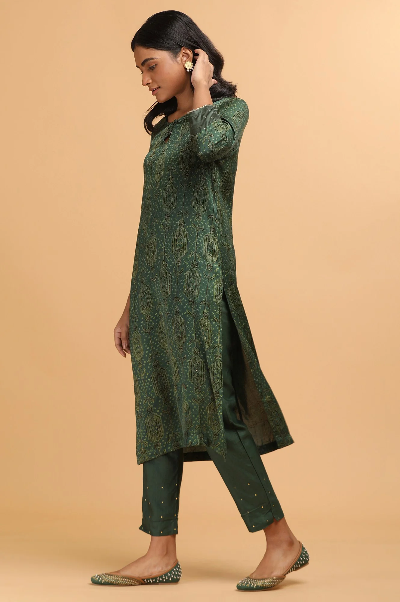 Green Ajrakh Print kurta in Modal Satin - Image 3