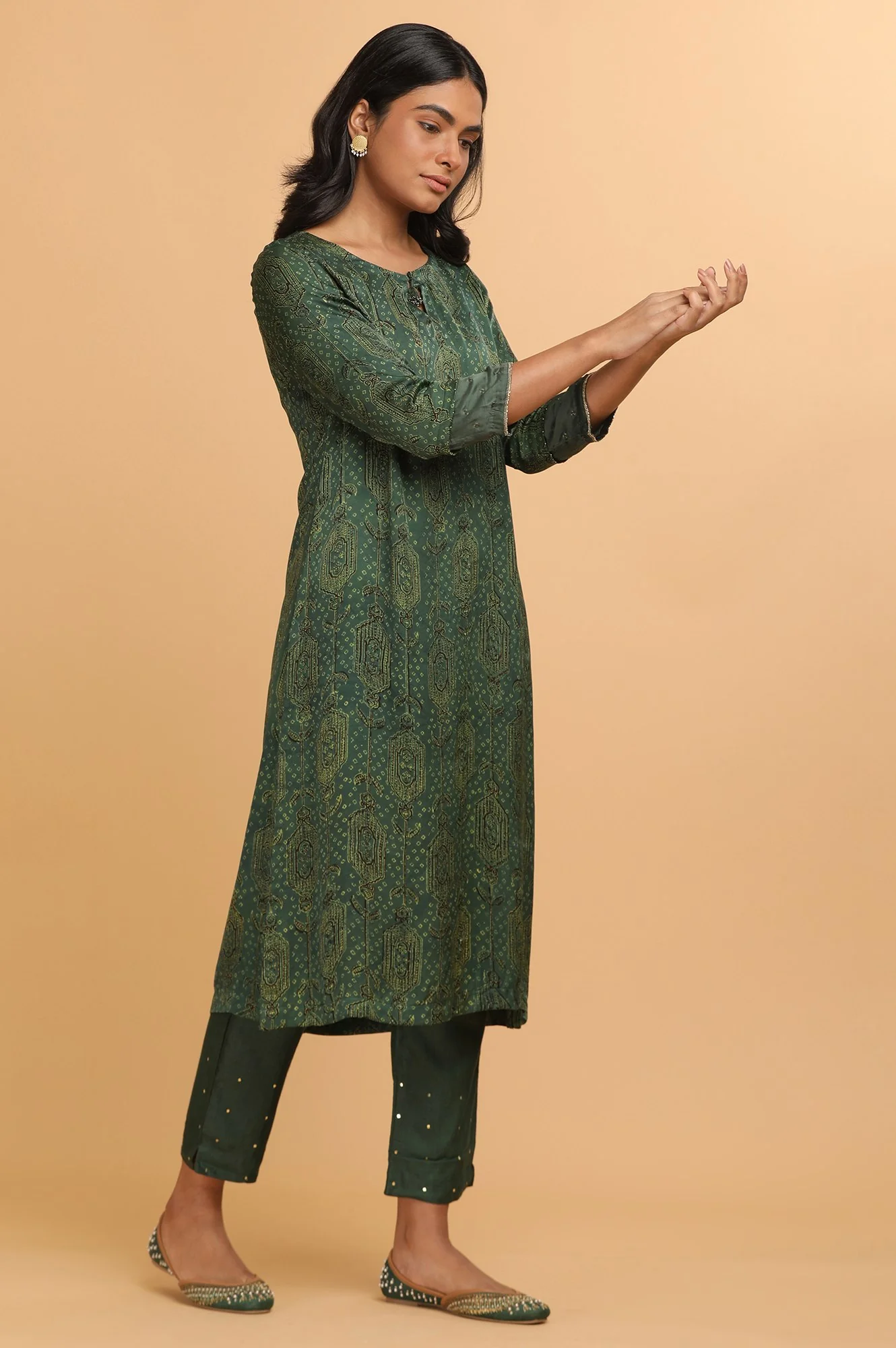 Green Ajrakh Print kurta in Modal Satin - Image 4