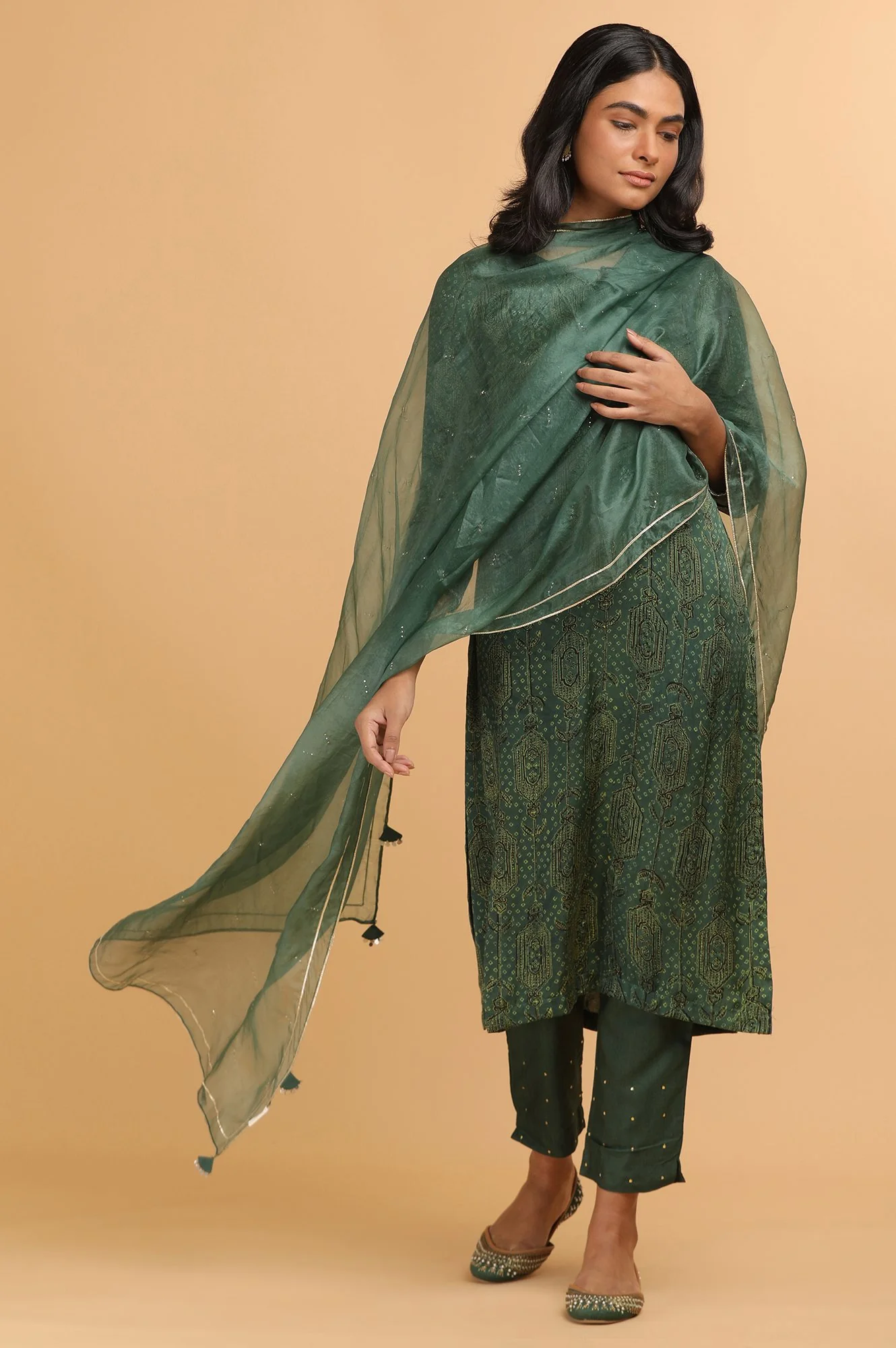 Green Ajrakh Print kurta in Modal Satin - Image 5