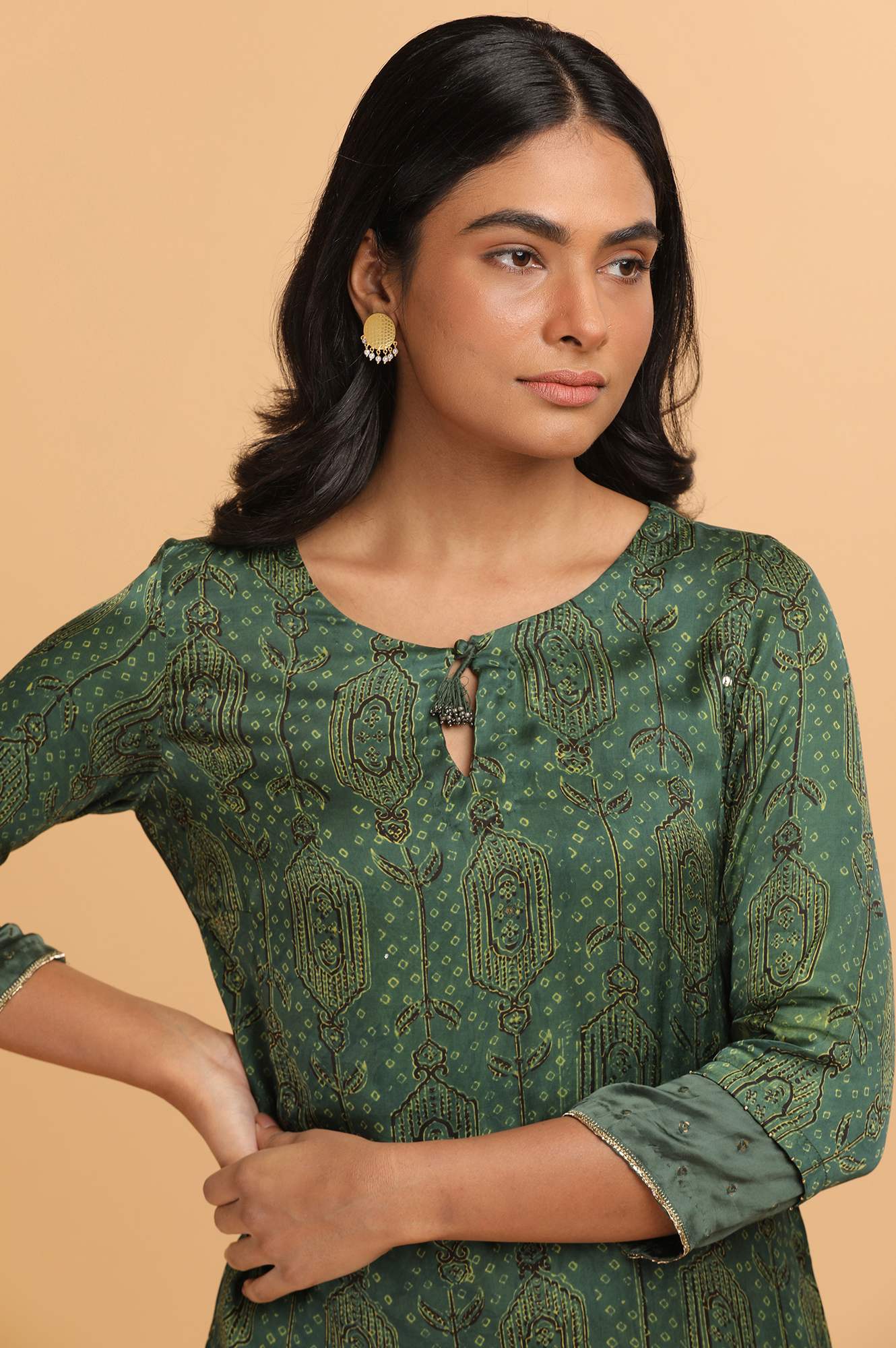 Green Ajrakh Print kurta in Modal Satin - Image 6