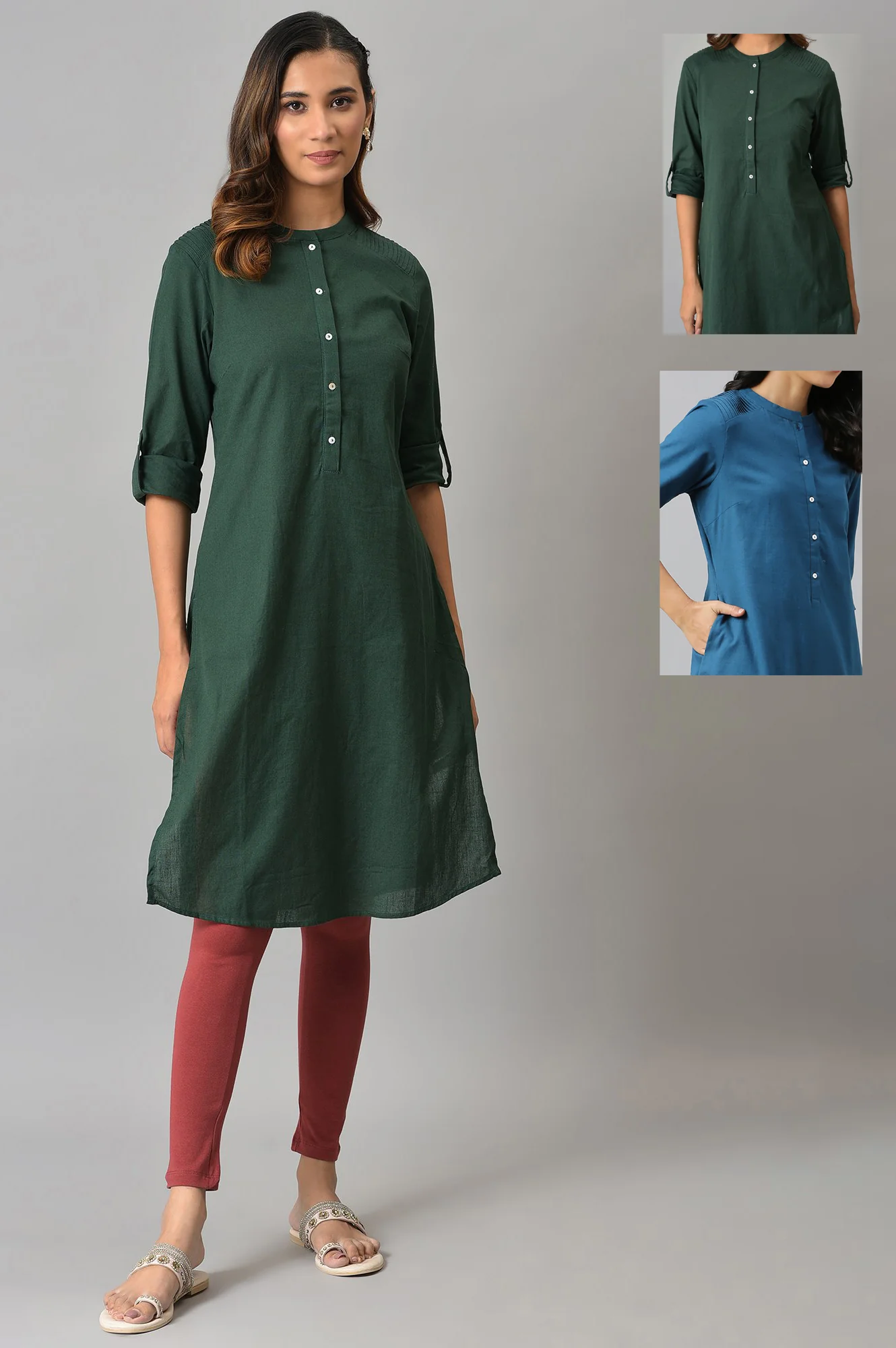 Green And Blue Half Placket Cotton Flax Kurta Combo