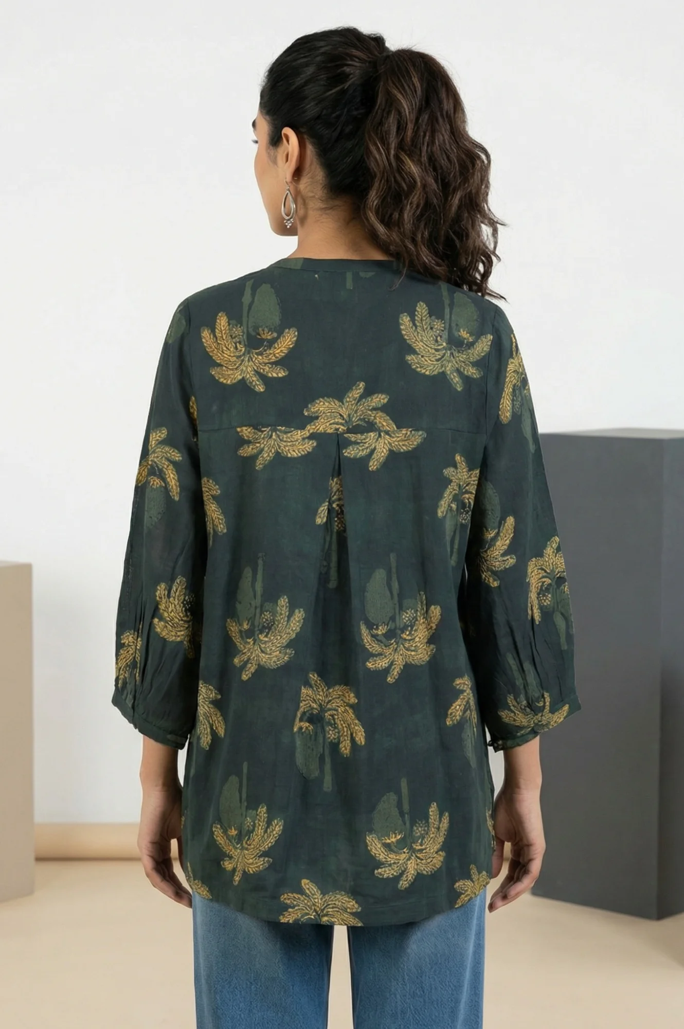 Green Block Botanical Printed Pure Cotton Flared Top - Image 4