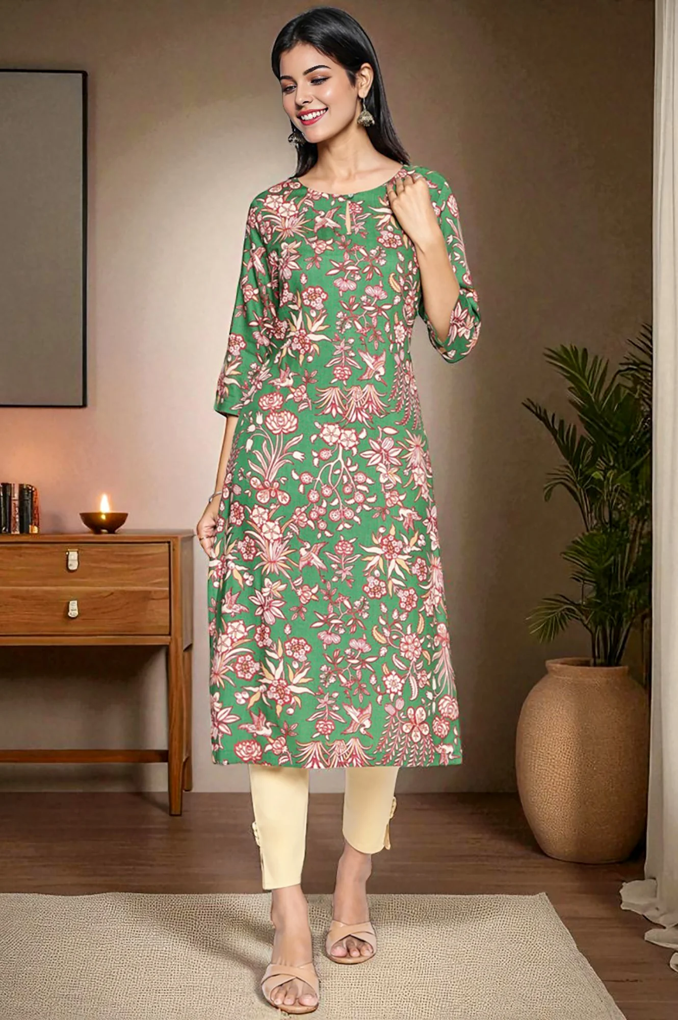 Green Botanical Print Thread Work Straight Rayon Kurta