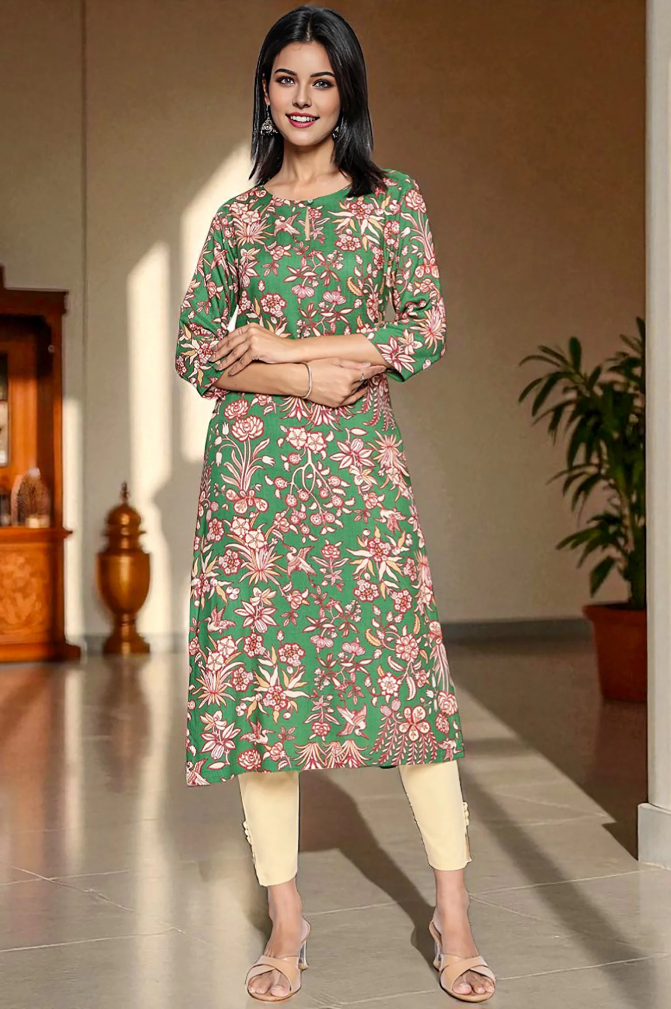 Green Botanical Print Thread Work Straight Rayon Kurta - Image 2