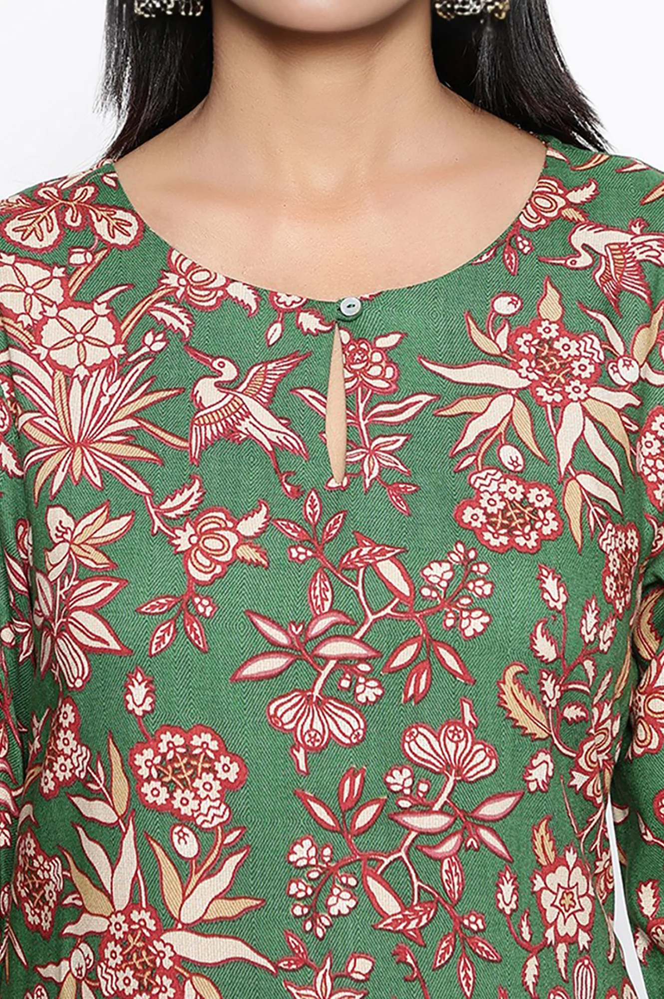 Green Botanical Print Thread Work Straight Rayon Kurta - Image 3