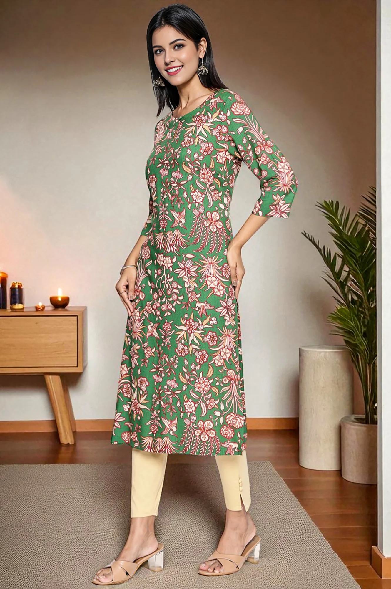 Green Botanical Print Thread Work Straight Rayon Kurta - Image 4