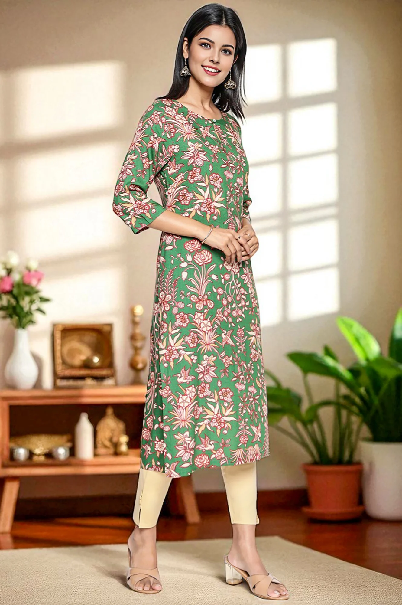Green Botanical Print Thread Work Straight Rayon Kurta - Image 6