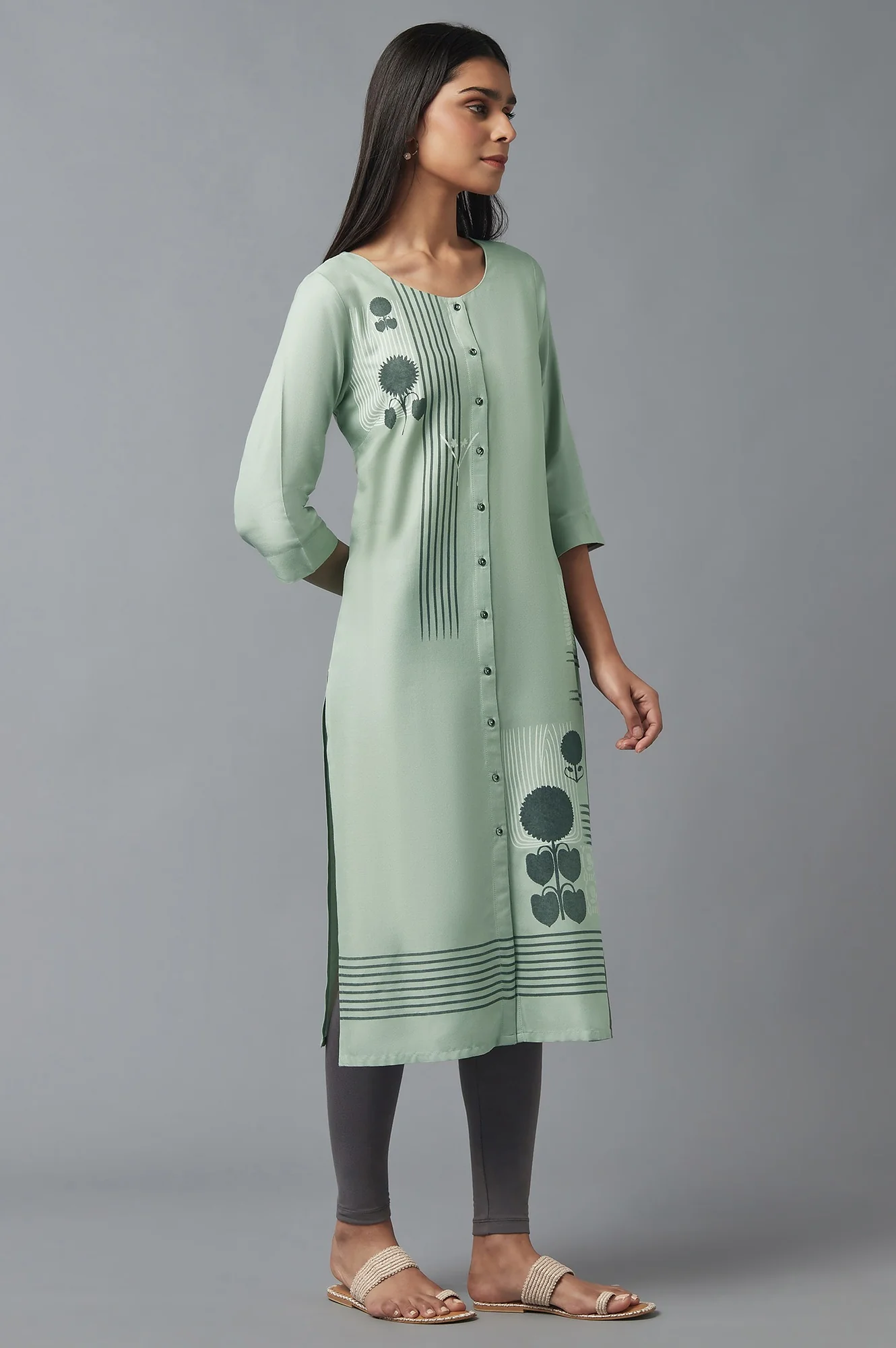 Green Button Down Printed kurta - Image 4