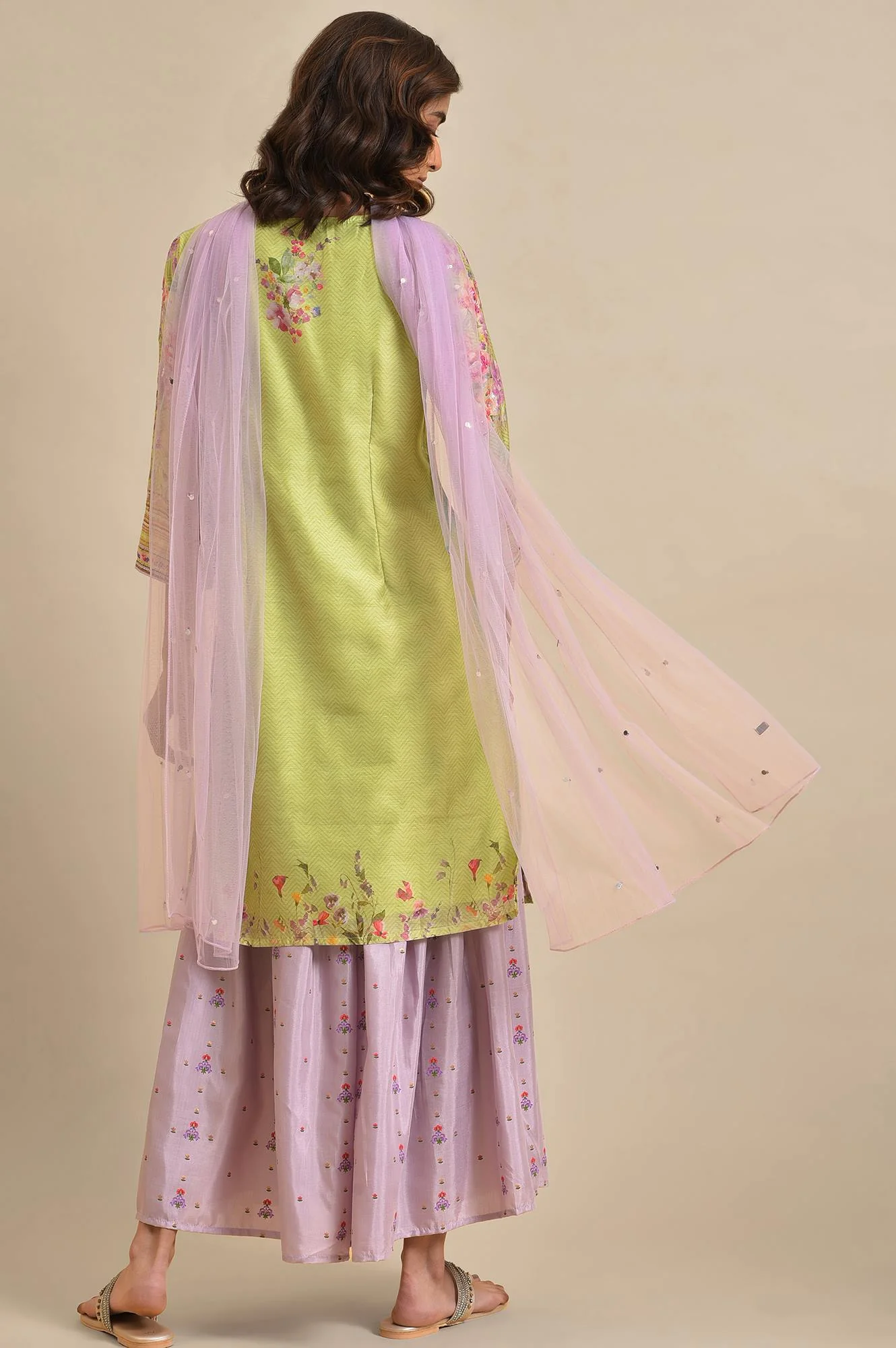 Green Chanderi Floral Printed kurta, Sharara & Dupatta Set - Image 2