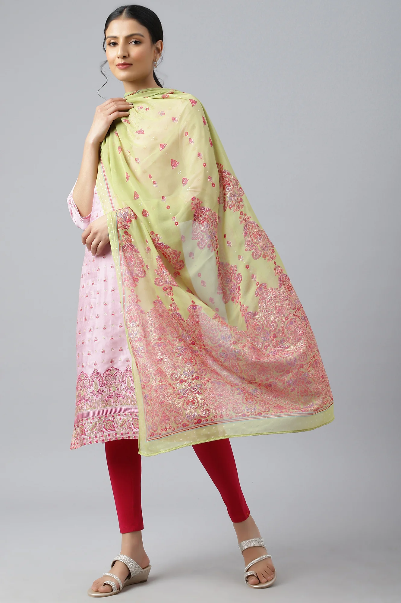 Green Chiffon Floral Print Dupatta - Image 2