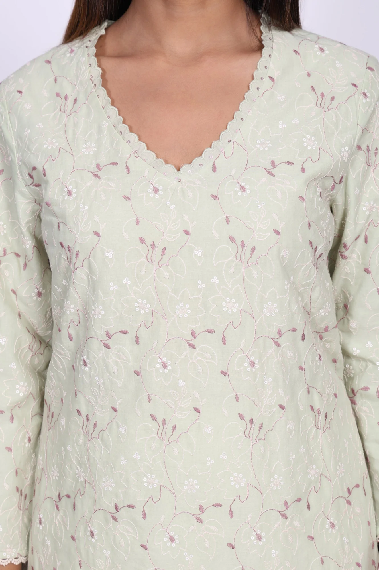 Green Chikankari Pure Cotton Straight Kurta - Image 2