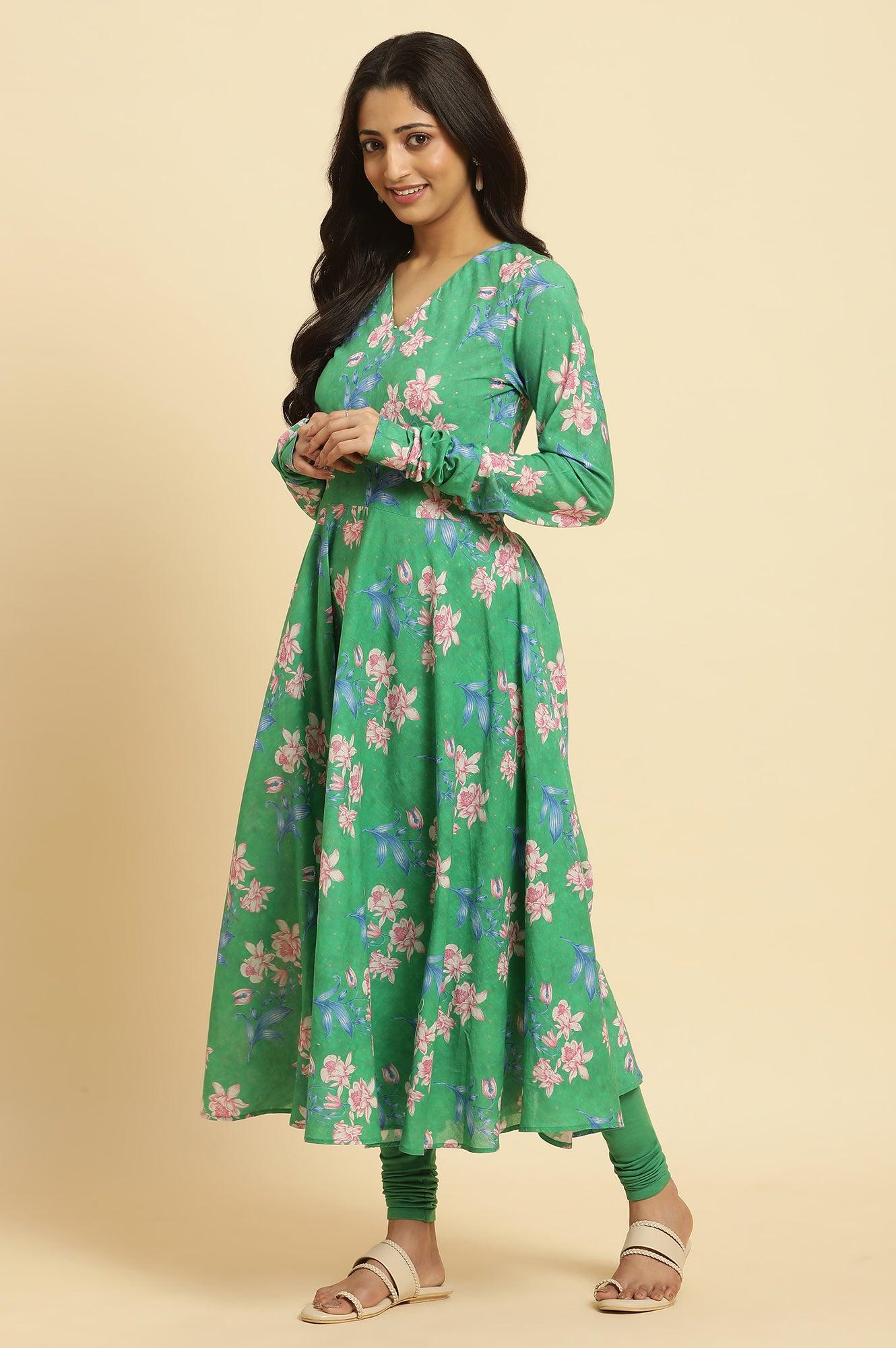 Green Cicular Printed Flared Kurta, Tights And Dupatta Set - Image 3