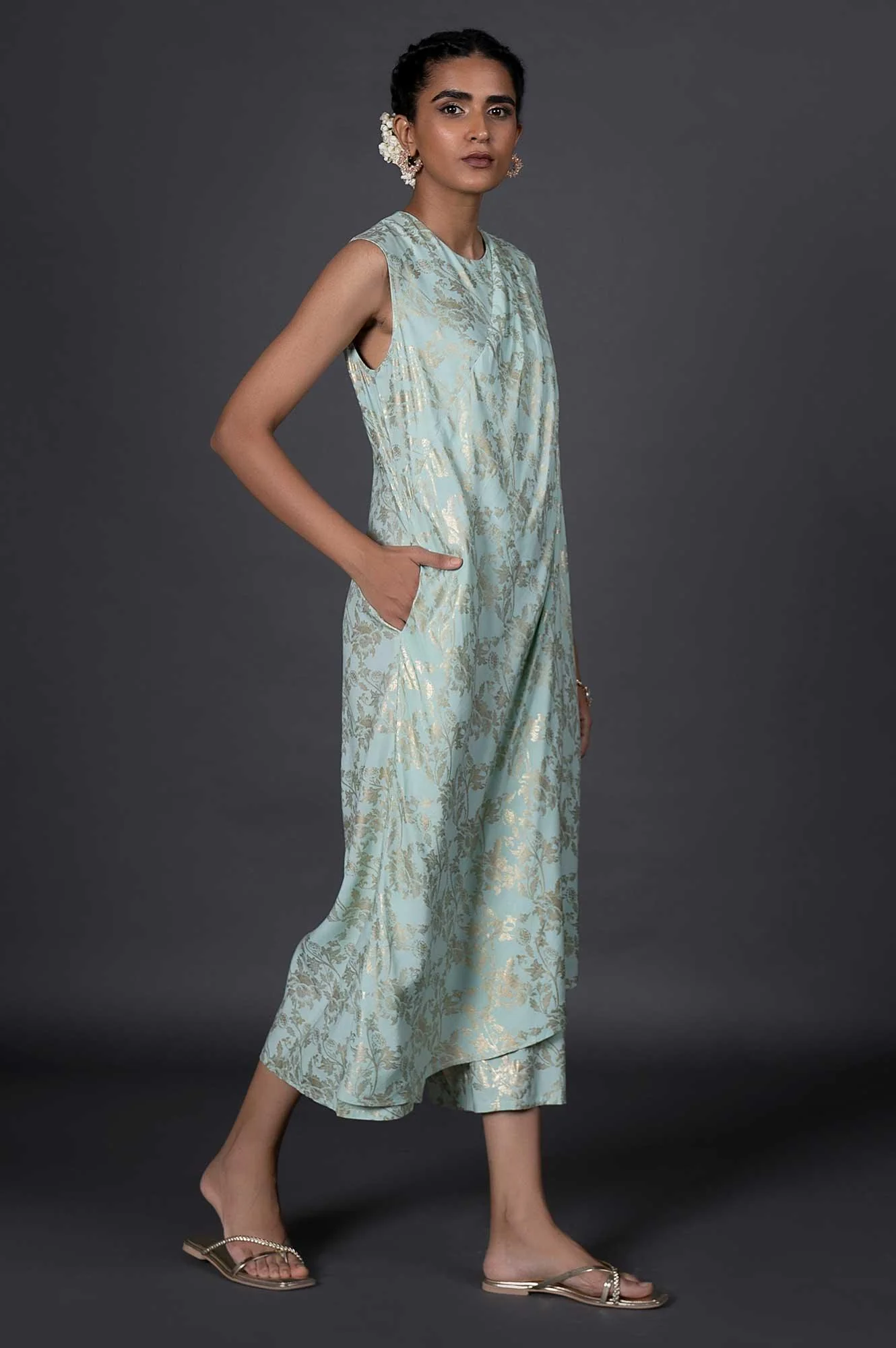 Green Draped Style Festive Printed Jumpsuit - Image 4