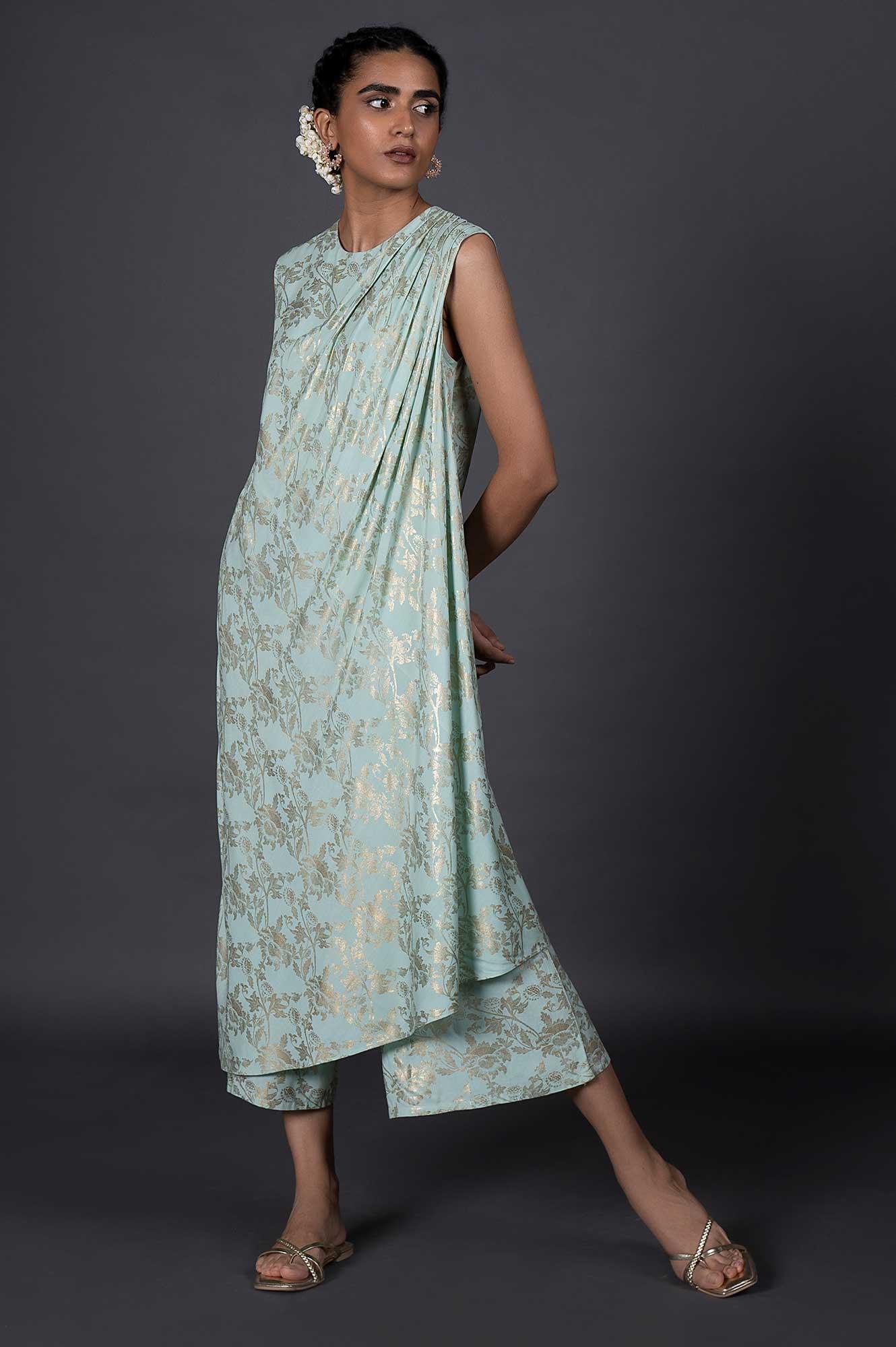Green Draped Style Festive Printed Jumpsuit - Image 5