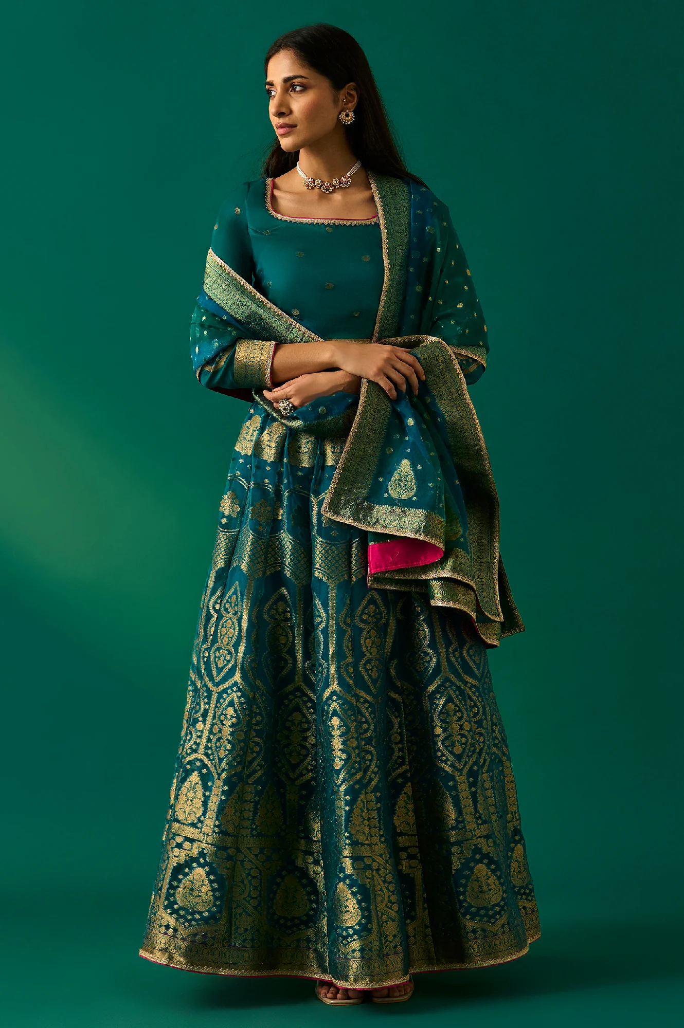 Green Embellished Fitted Organza Blouse with Skirt and Dupatta Set