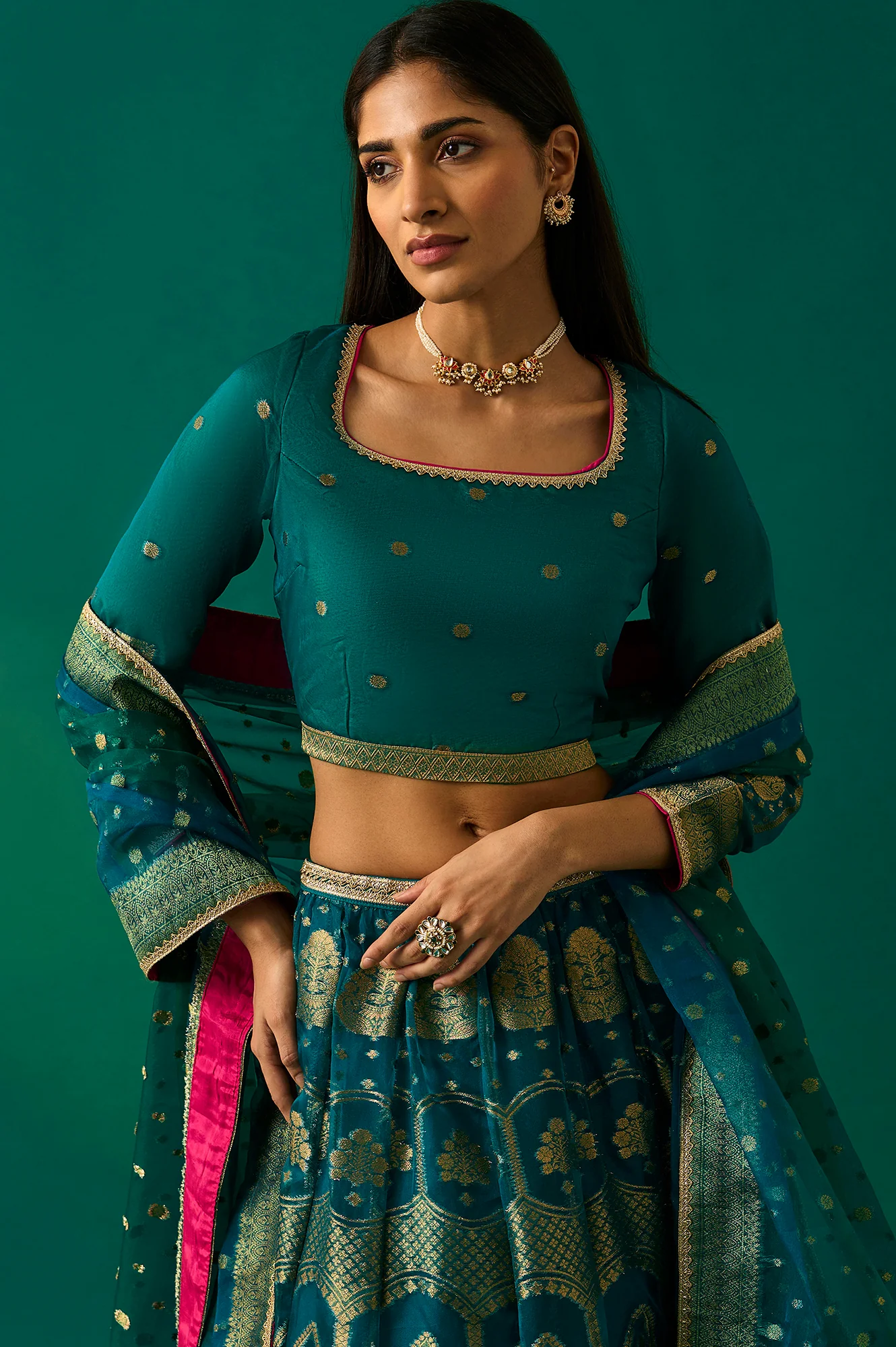 Green Embellished Fitted Organza Blouse with Skirt and Dupatta Set - Image 2