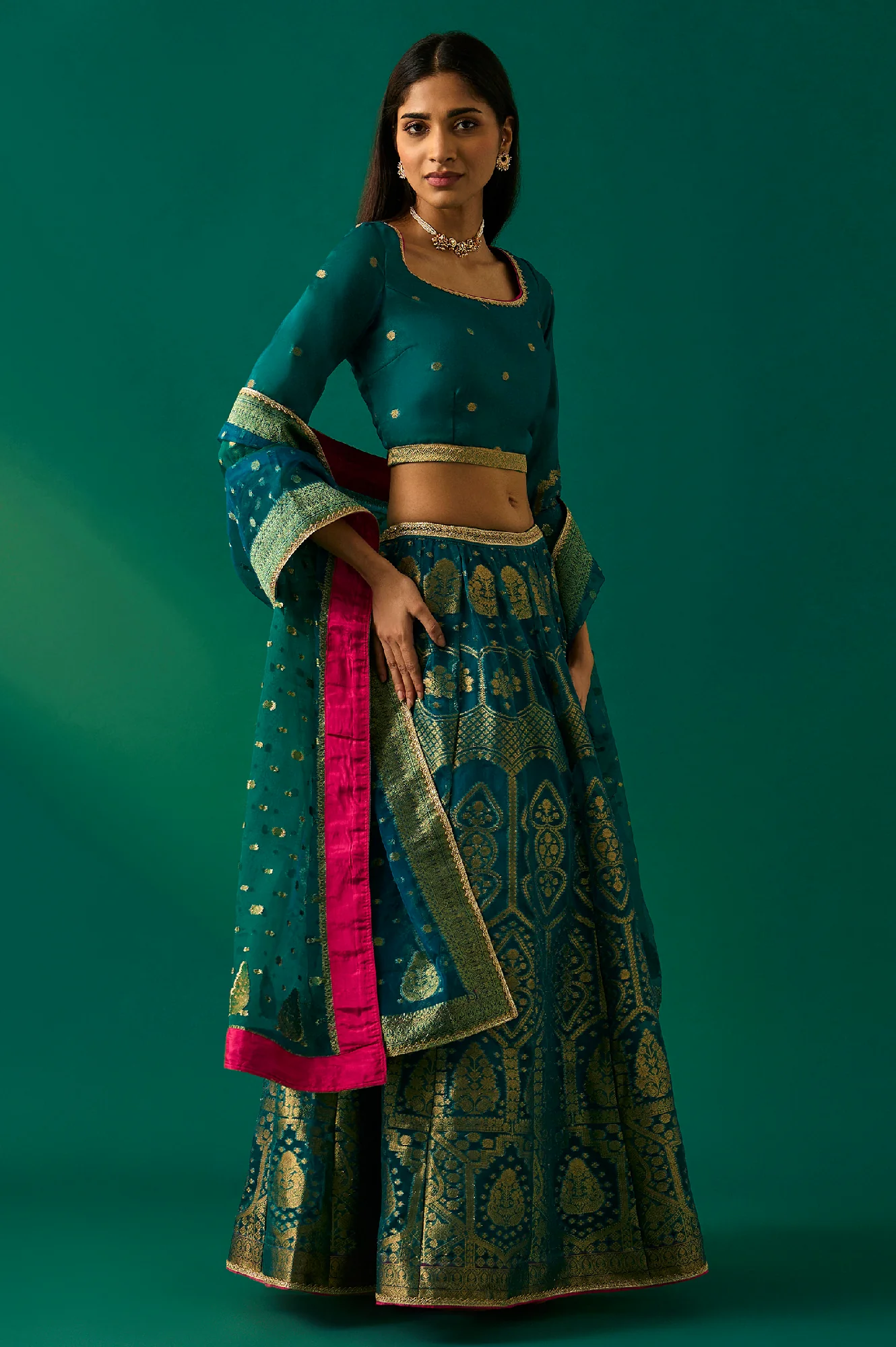 Green Embellished Fitted Organza Blouse with Skirt and Dupatta Set - Image 5