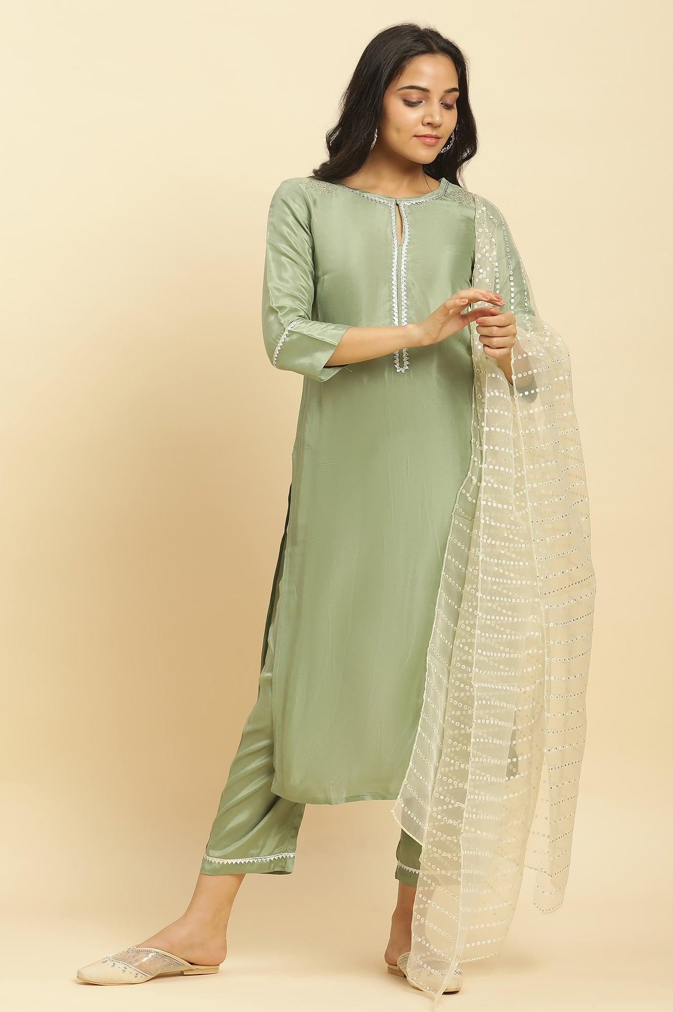 Green Embellished Shantung Kurta, Pants And Dupatta Set - Image 2