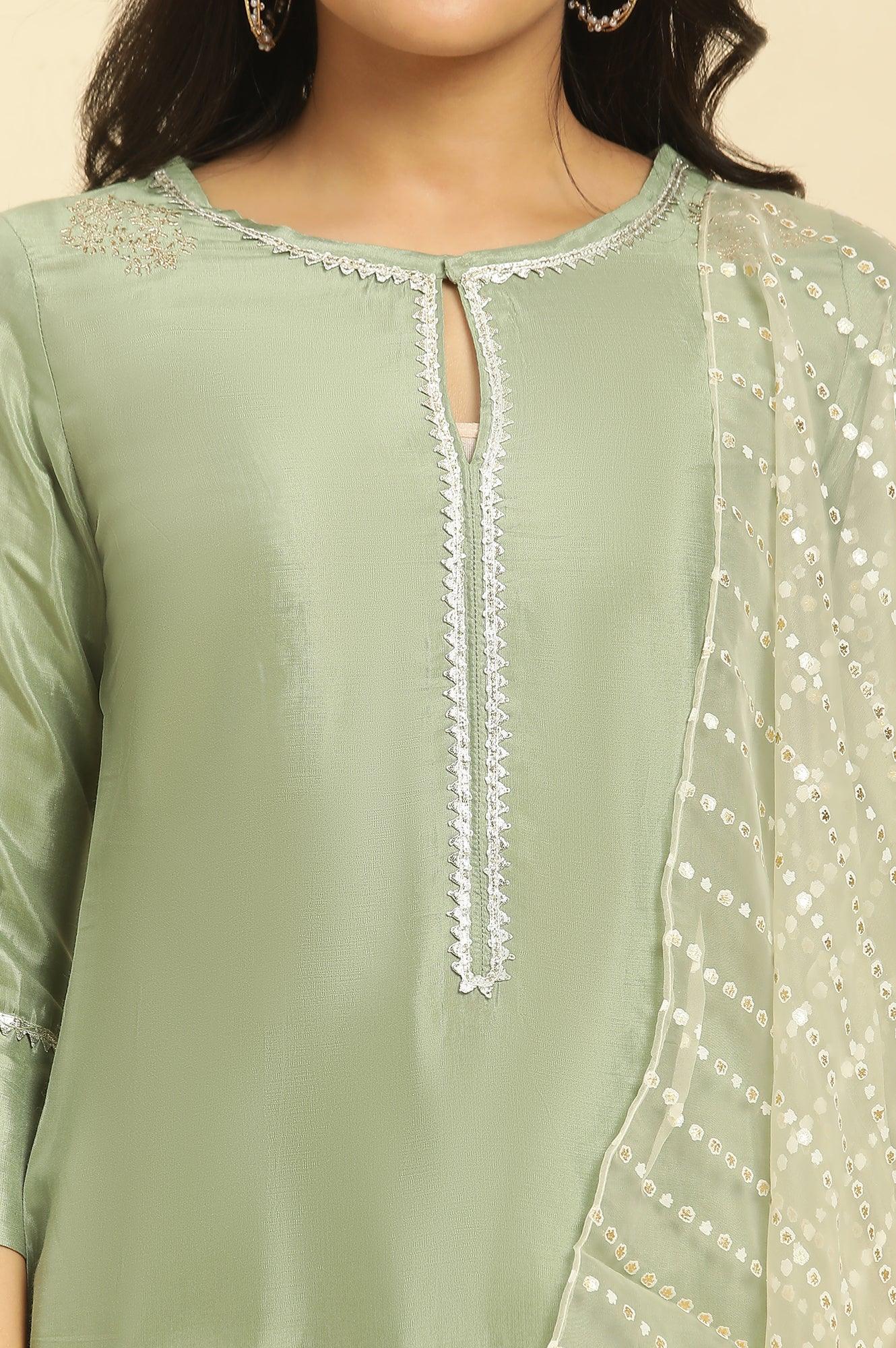 Green Embellished Shantung Kurta, Pants And Dupatta Set - Image 6