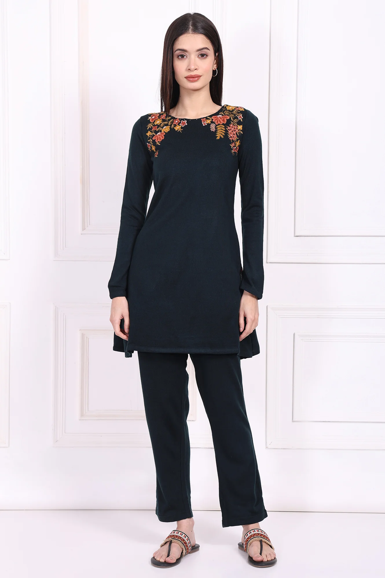 Green Embroidered A-Line Acrylic Kurta with Straight Pant