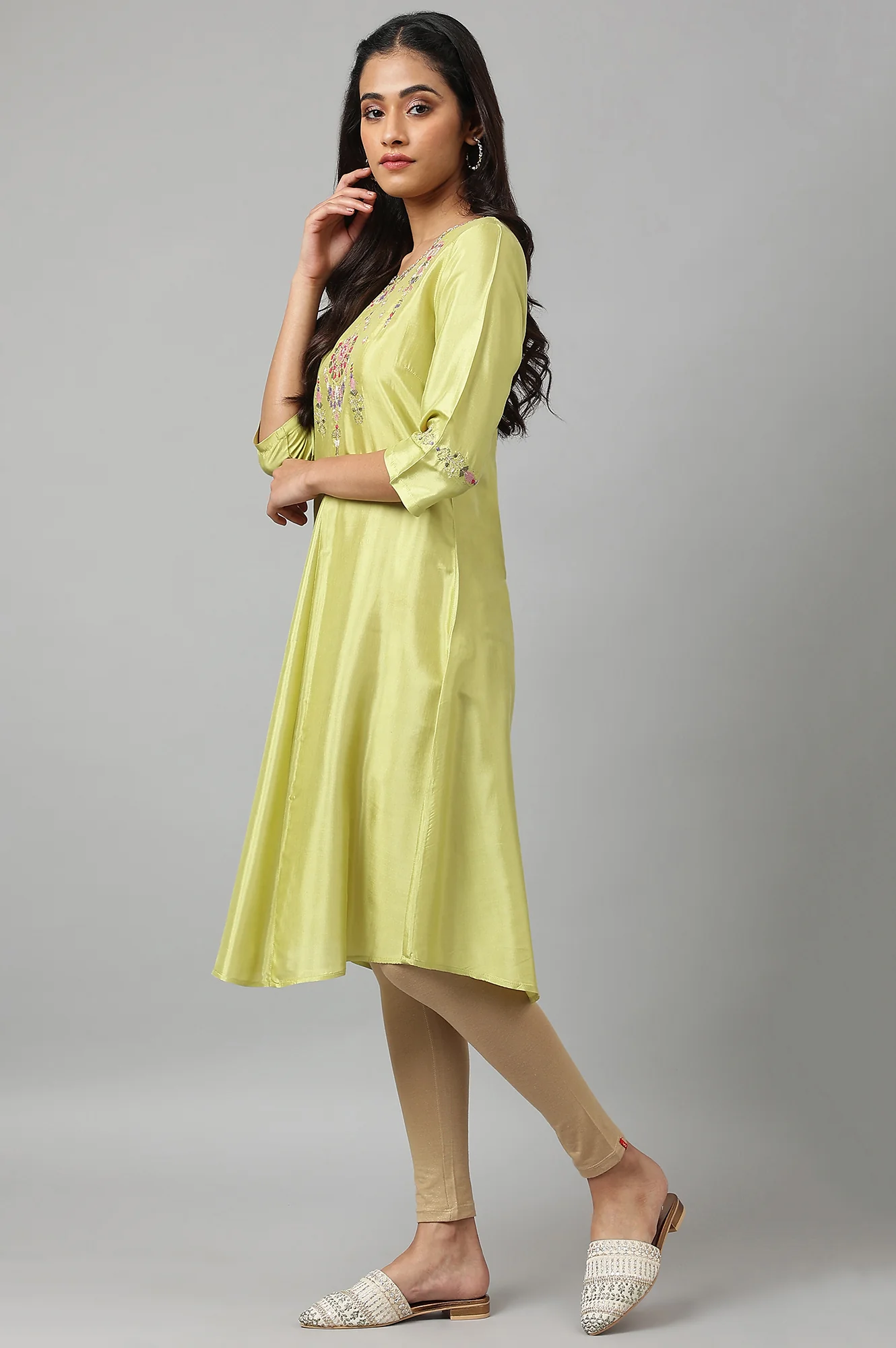 Green Embroidered A-line Kurta - Image 3