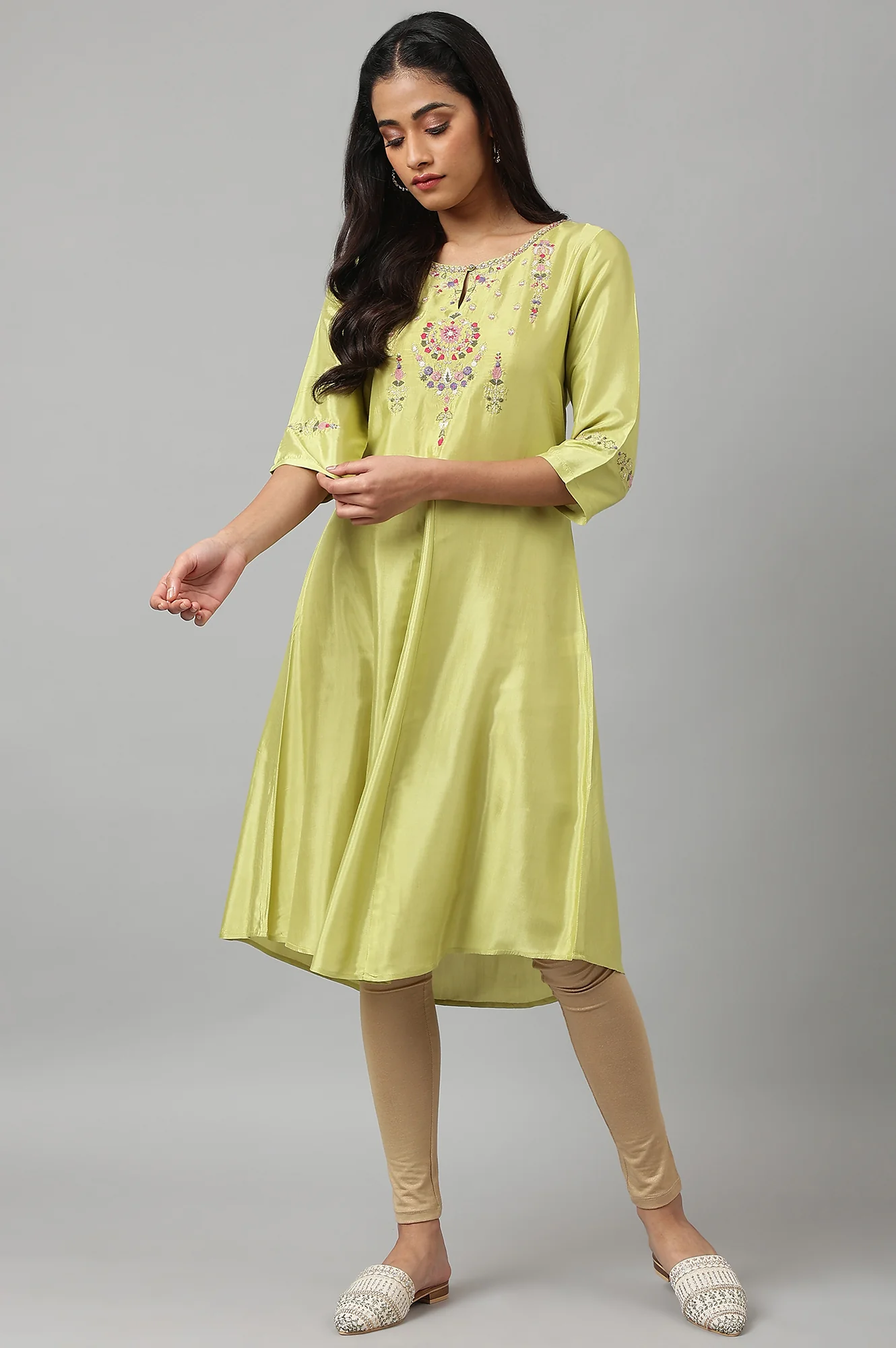 Green Embroidered A-line Kurta - Image 5