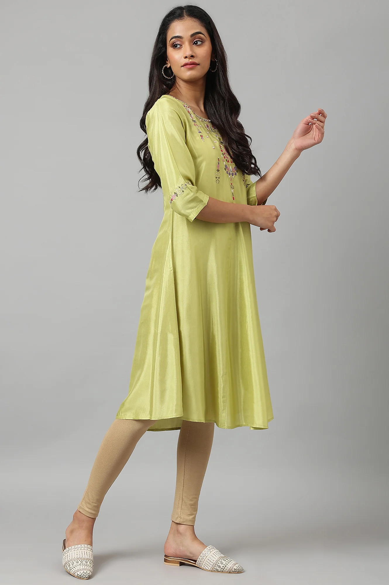 Green Embroidered A-line Kurta - Image 6