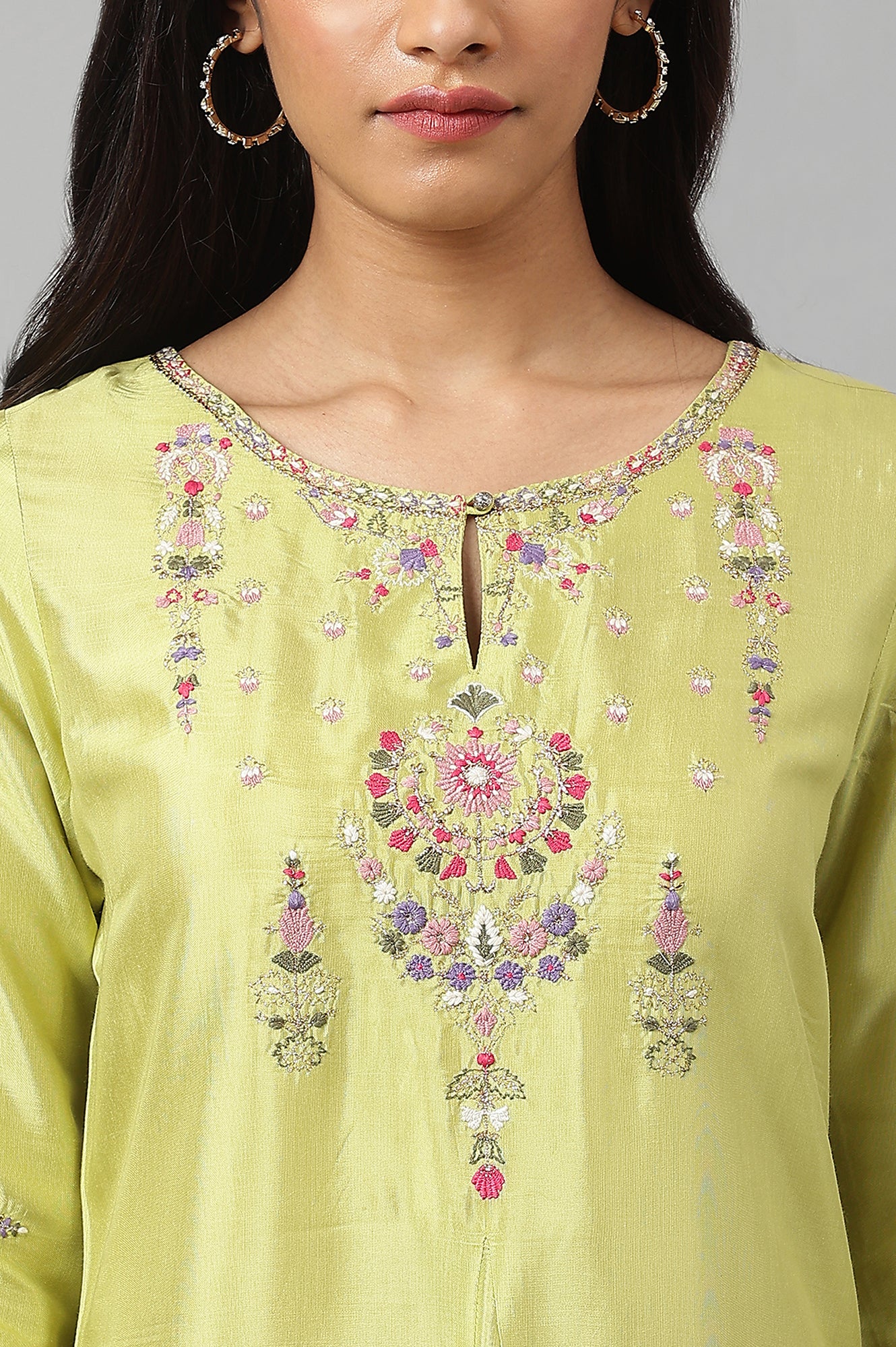 Green Embroidered A-line Kurta - Image 7